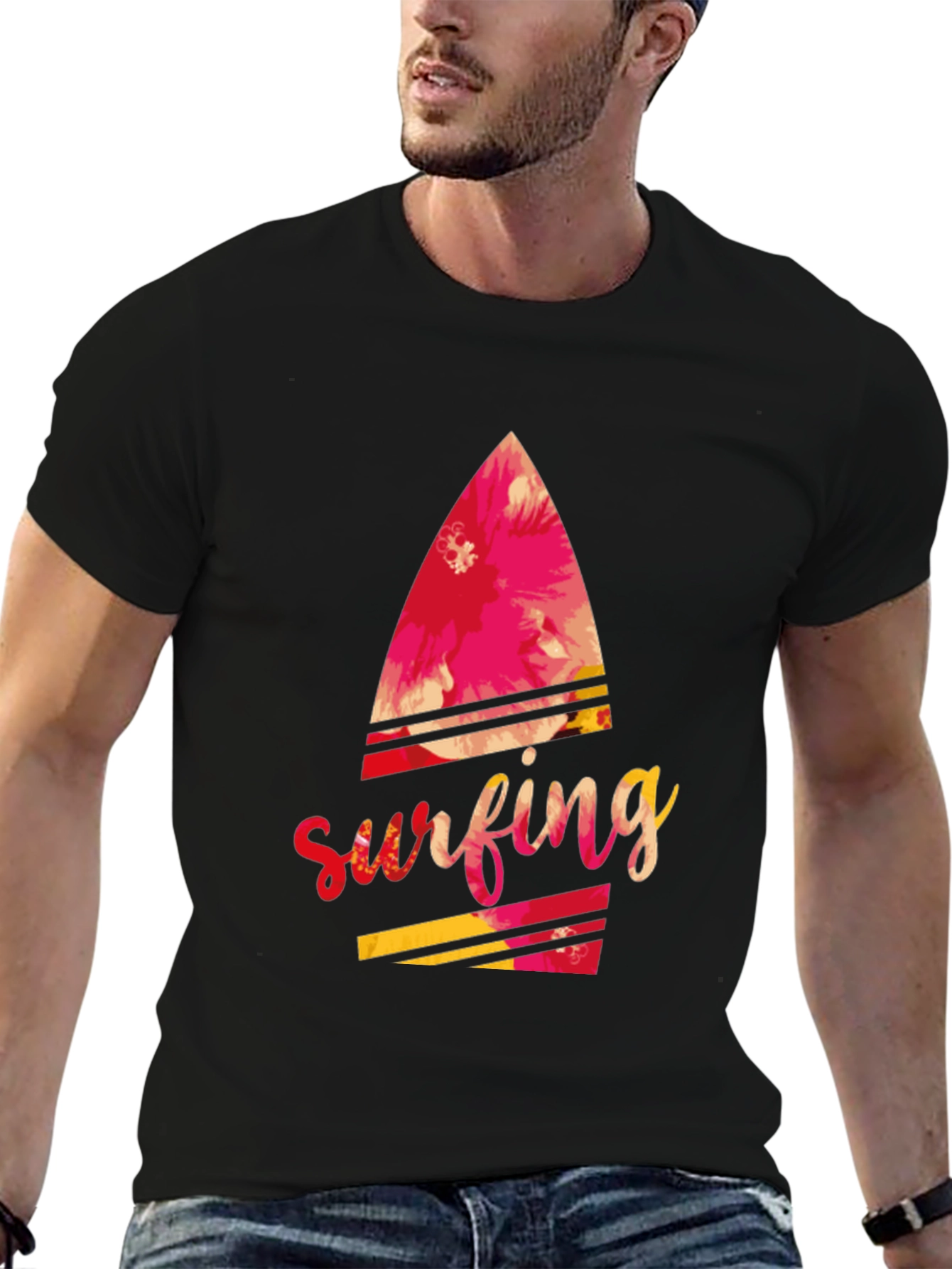 Surfing Floral Graphic Black Tee