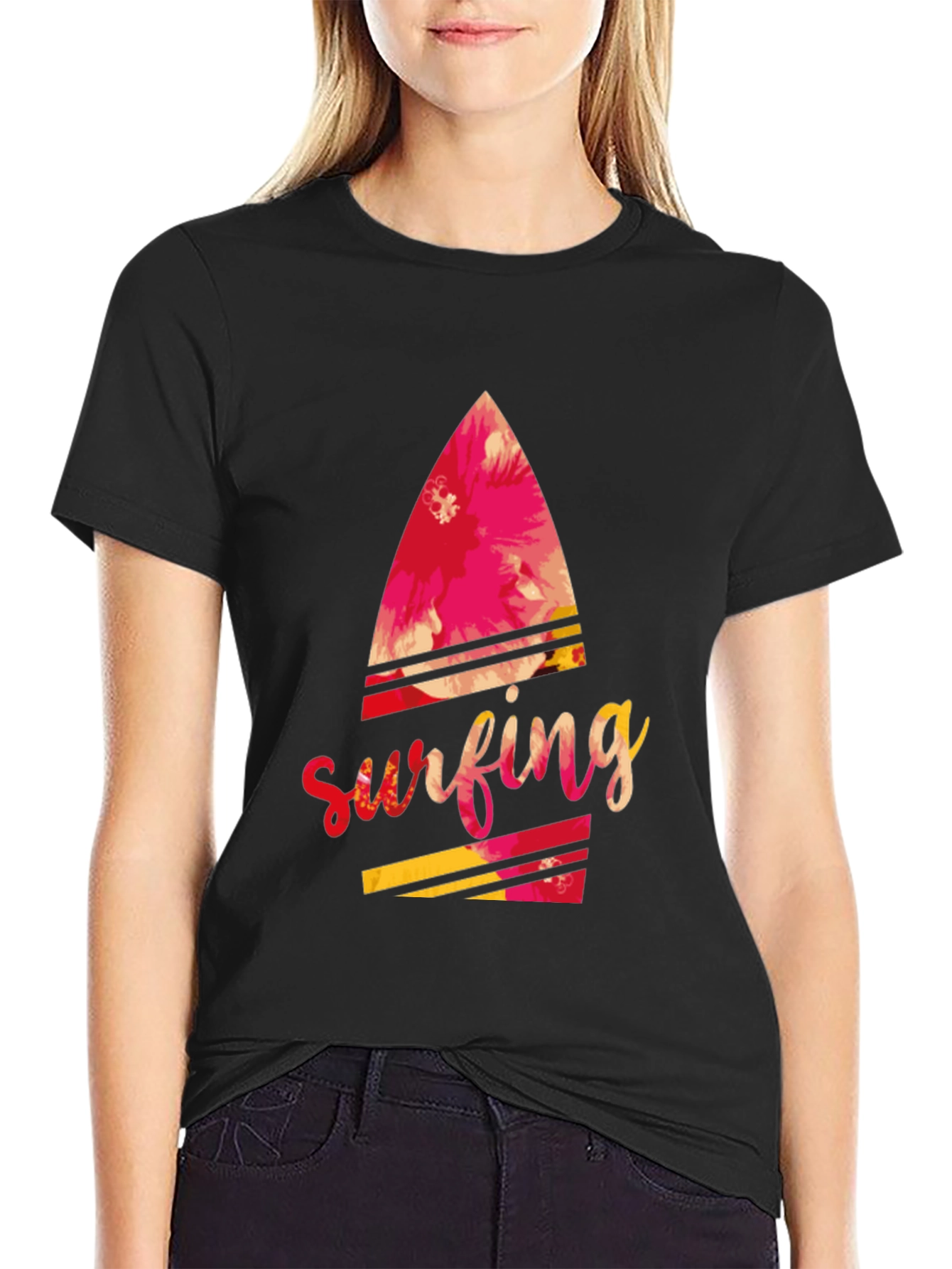Surfing Floral Graphic Black Tee