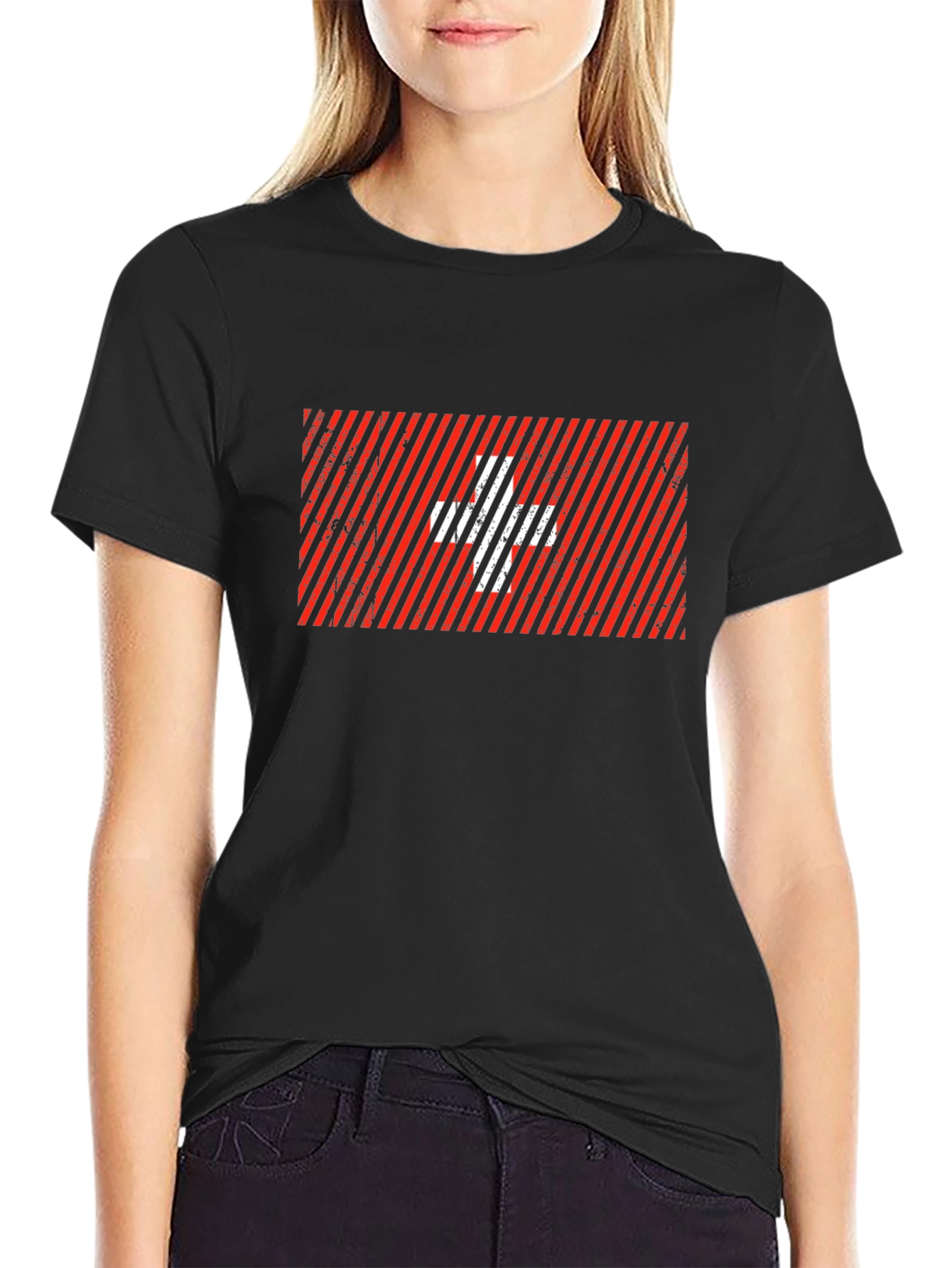 Swiss Flag Graphic Tee - Black Cotton Blend T-Shirt