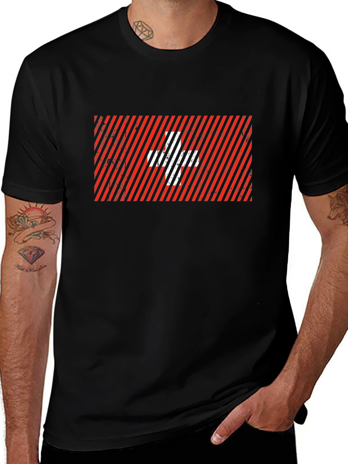 Swiss Flag Graphic Tee - Black Cotton Blend T-Shirt