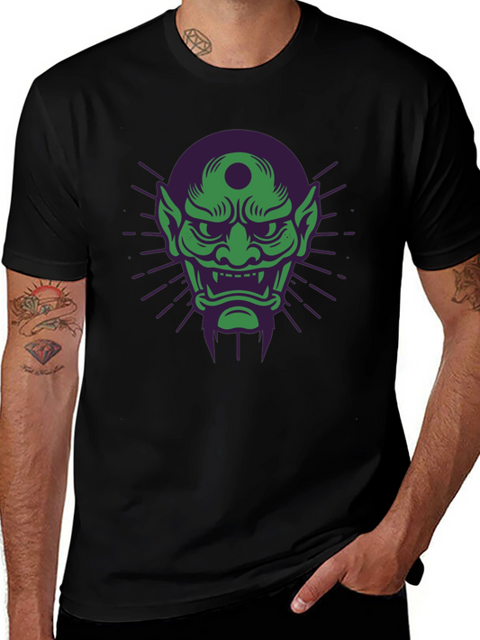 Green Oni Mask Graphic Tee - Stylish Japanese Demon Design
