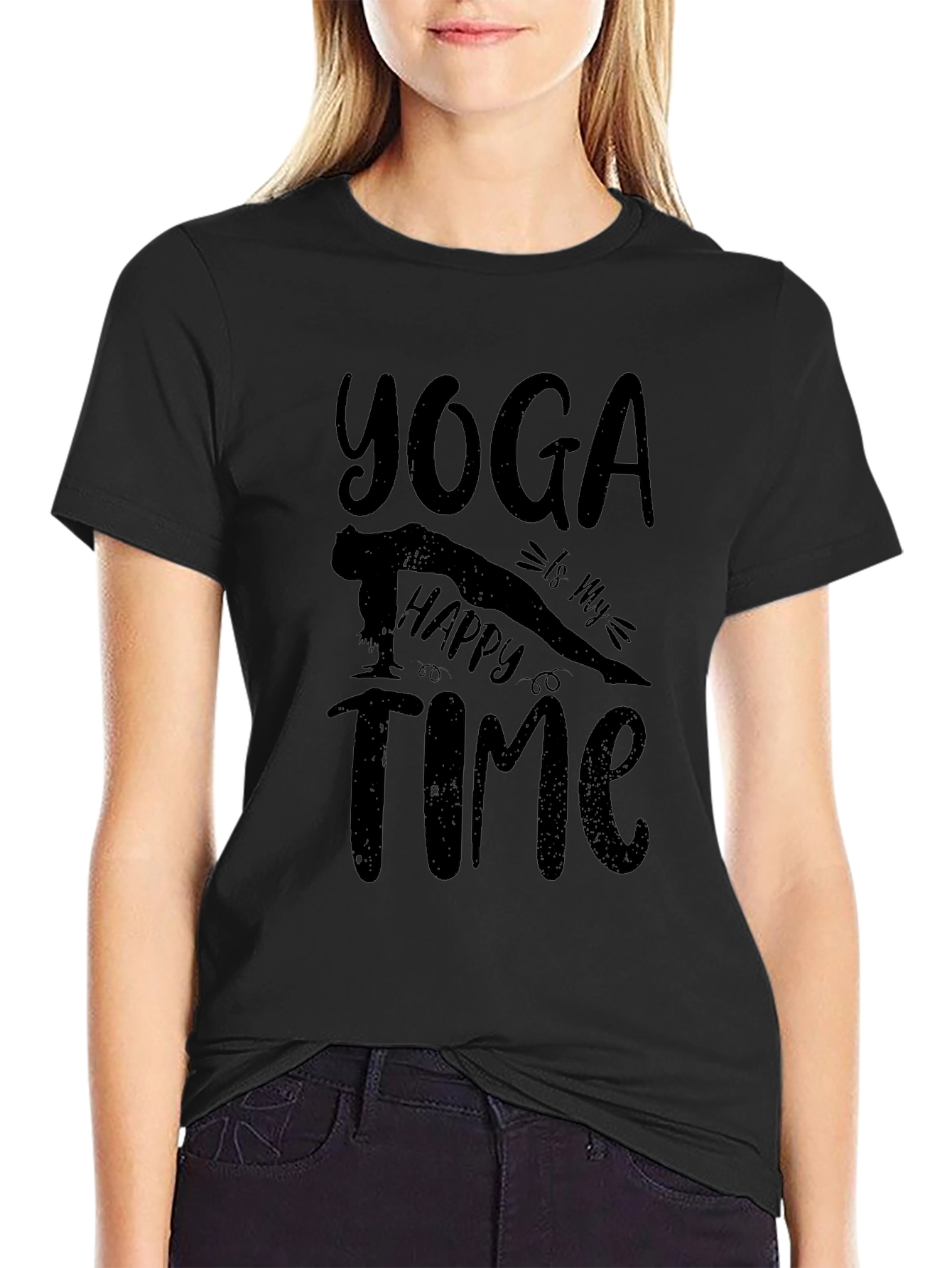 Yoga Is My Happy Time Black Graphic T-Shirt
