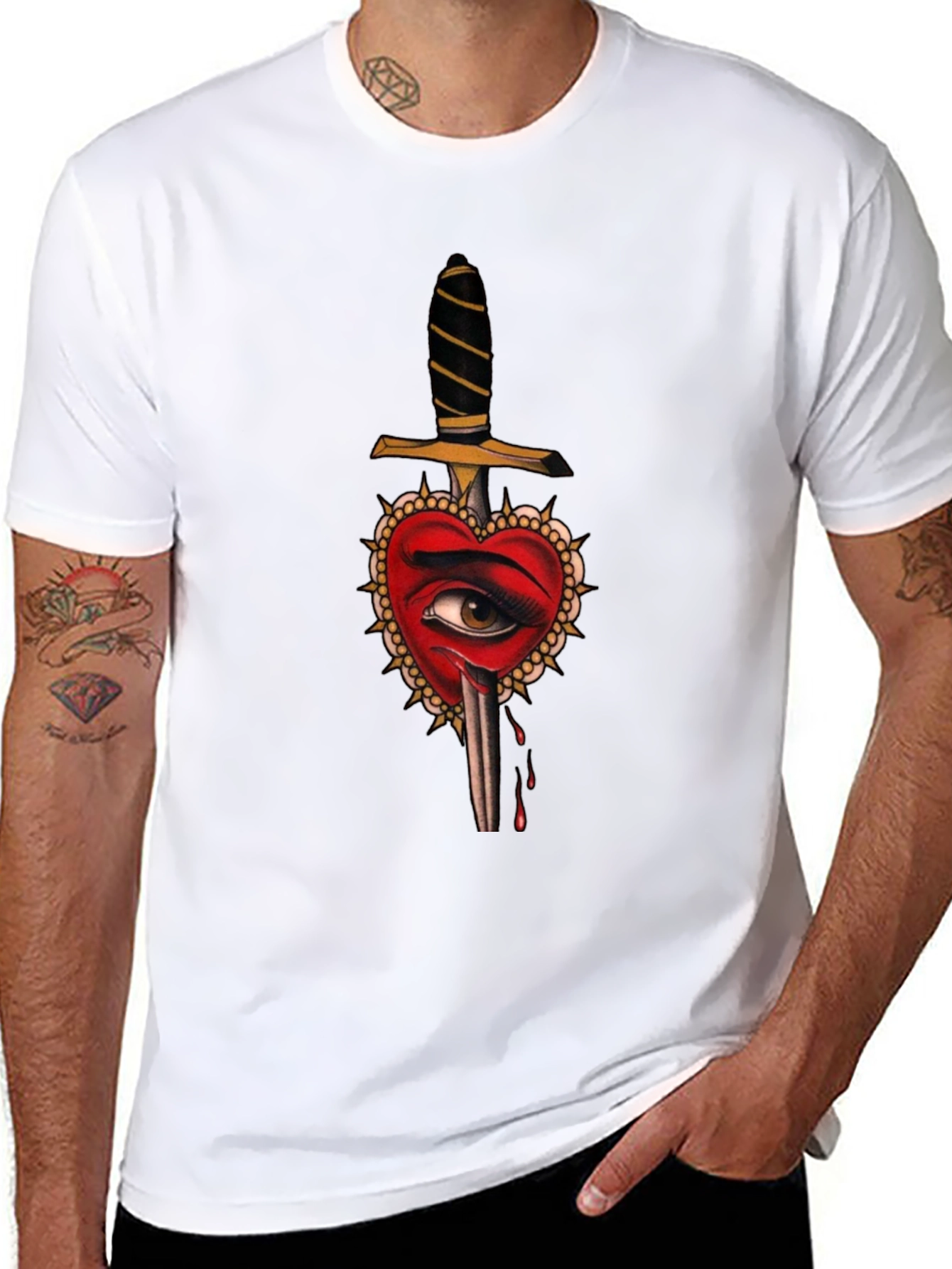 Heart Dagger Graphic Tee - Edgy Tattoo Style Shirt