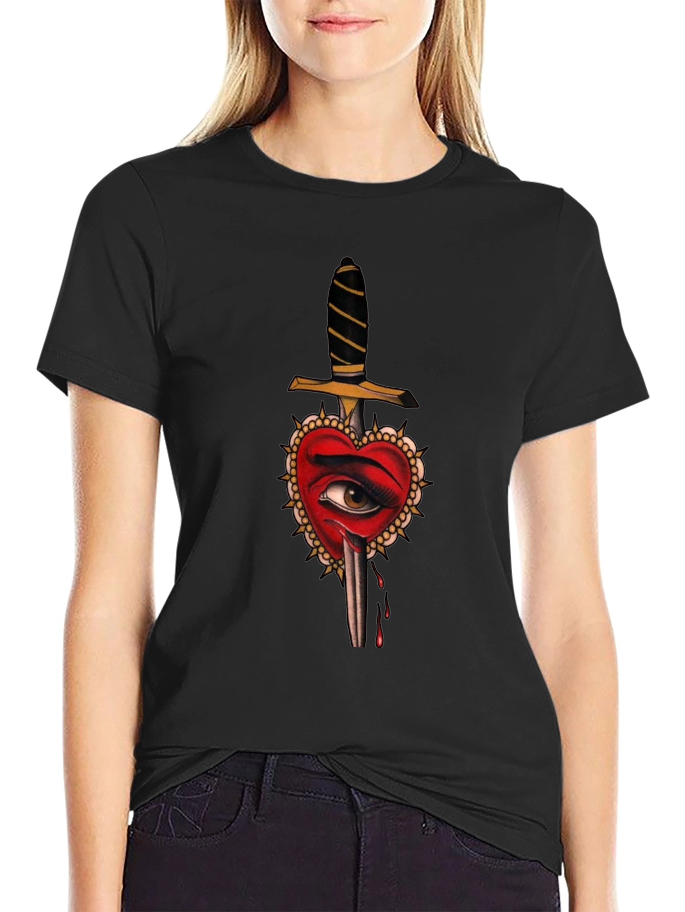 Heart Dagger Graphic Tee - Edgy Tattoo Style Shirt