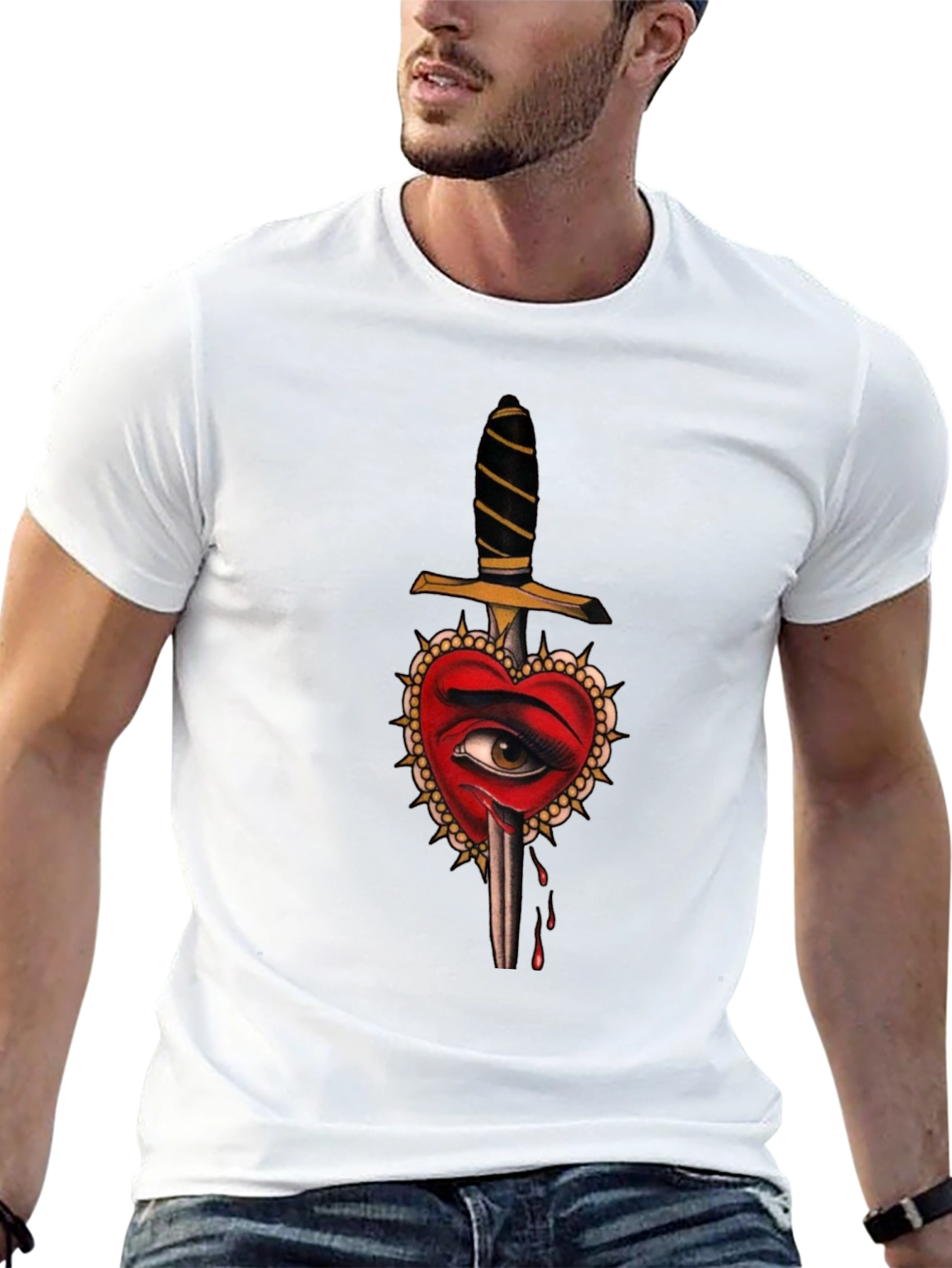 Heart Dagger Graphic Tee - Edgy Tattoo Style Shirt