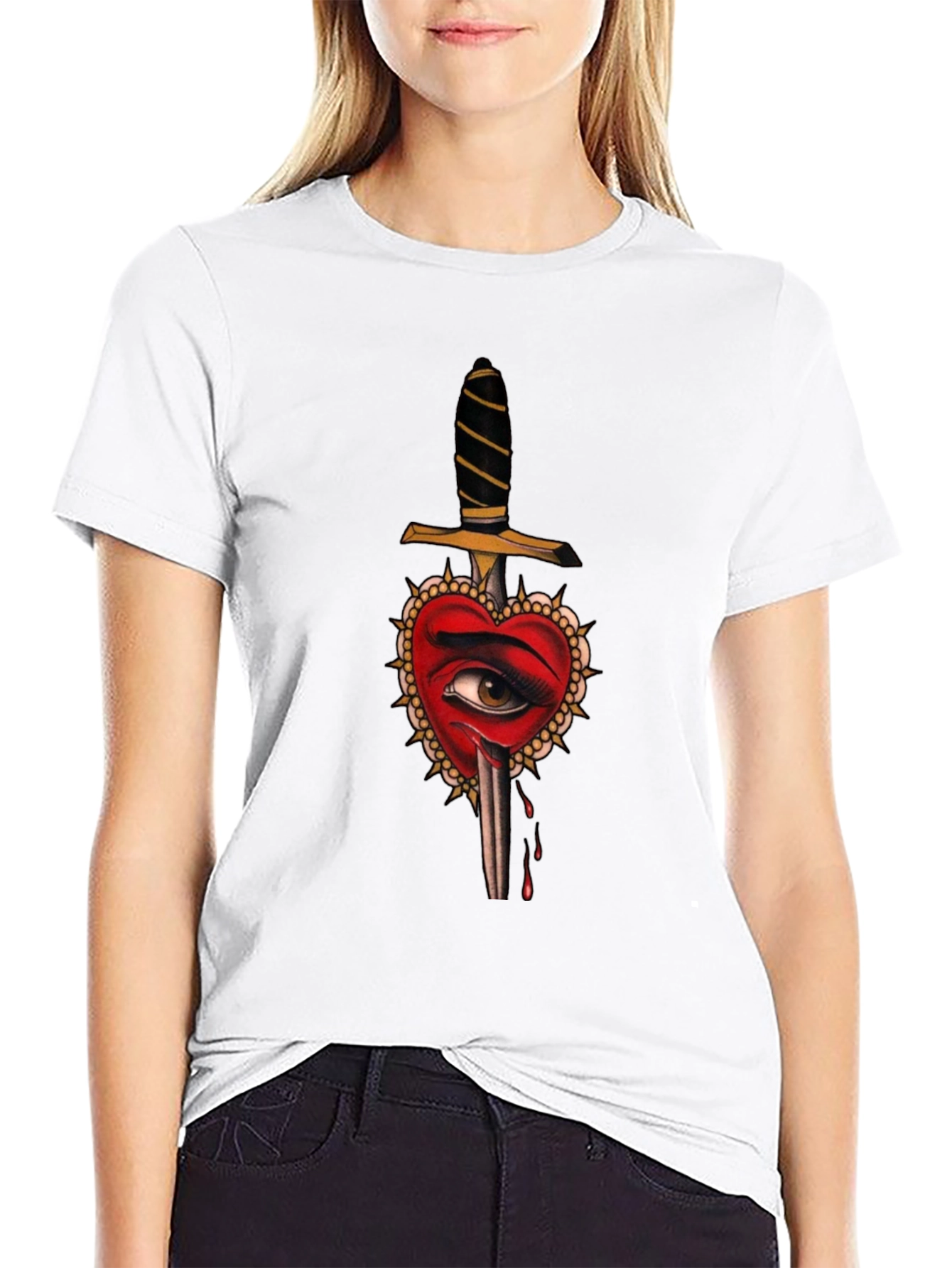 Heart Dagger Graphic Tee - Edgy Tattoo Style Shirt