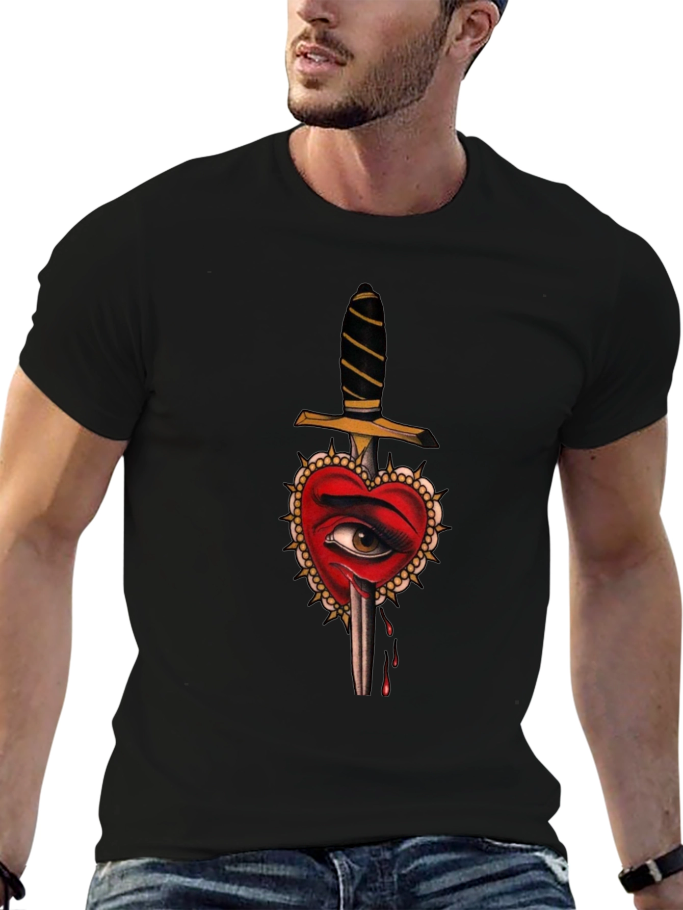 Heart Dagger Graphic Tee - Edgy Tattoo Style Shirt