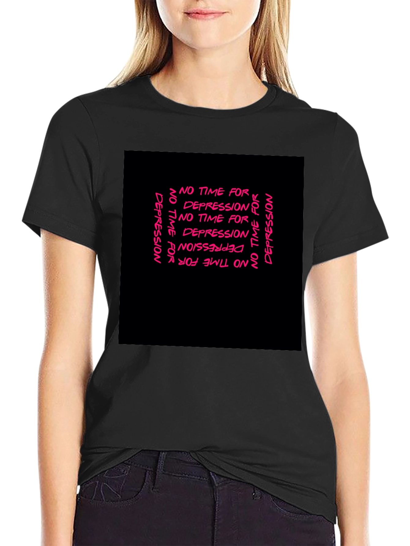 Edgy No Time For Depression Black Graphic T-Shirt