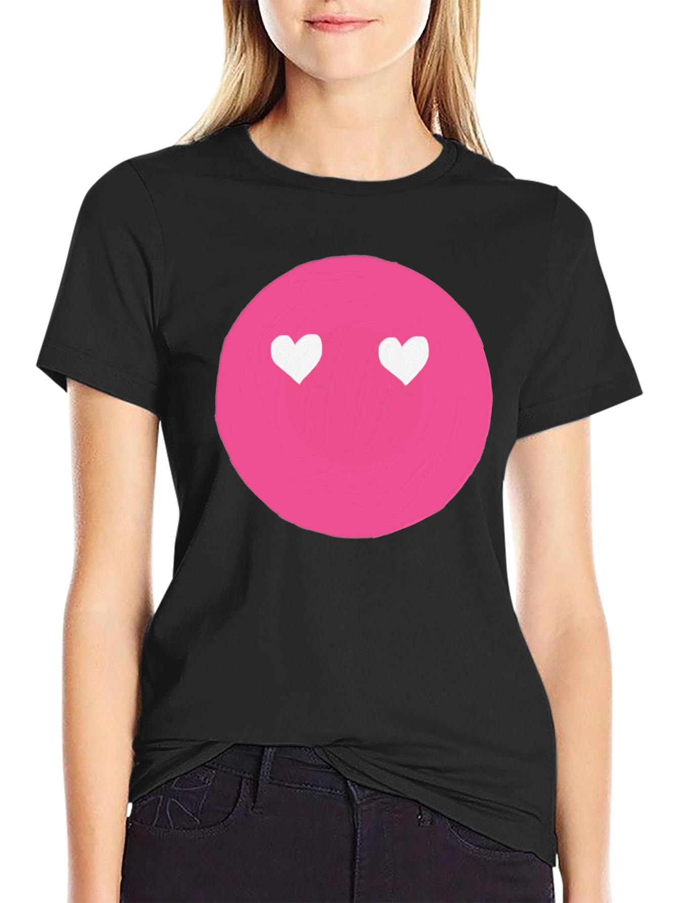 Pink Heart Eyes Emoji Black T-Shirt