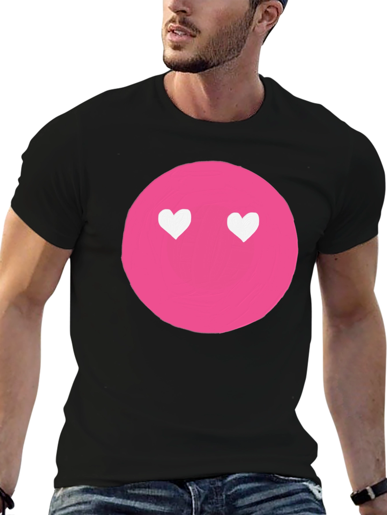 Pink Heart Eyes Emoji Black T-Shirt