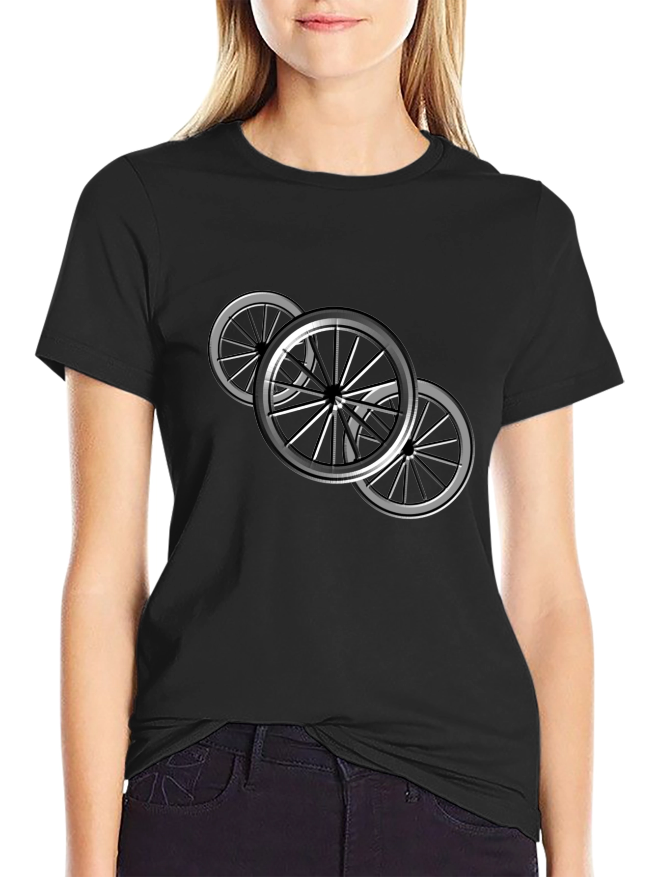 Black T-Shirt with Bicycle Wheel Design