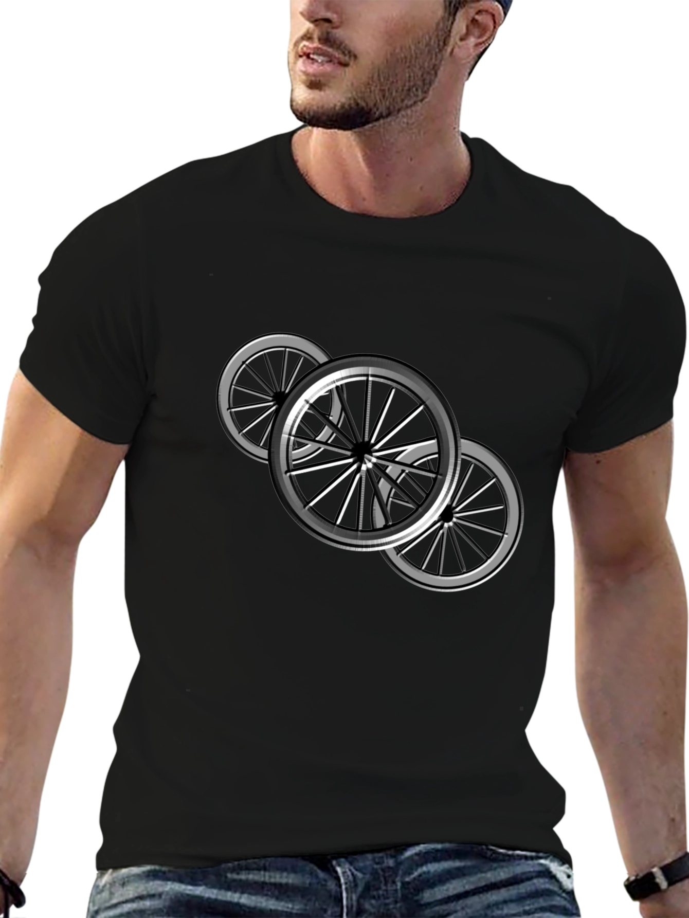 Black T-Shirt with Bicycle Wheel Design