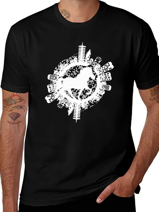 Graphic Black T-Shirt - Horse and City Skyline Design