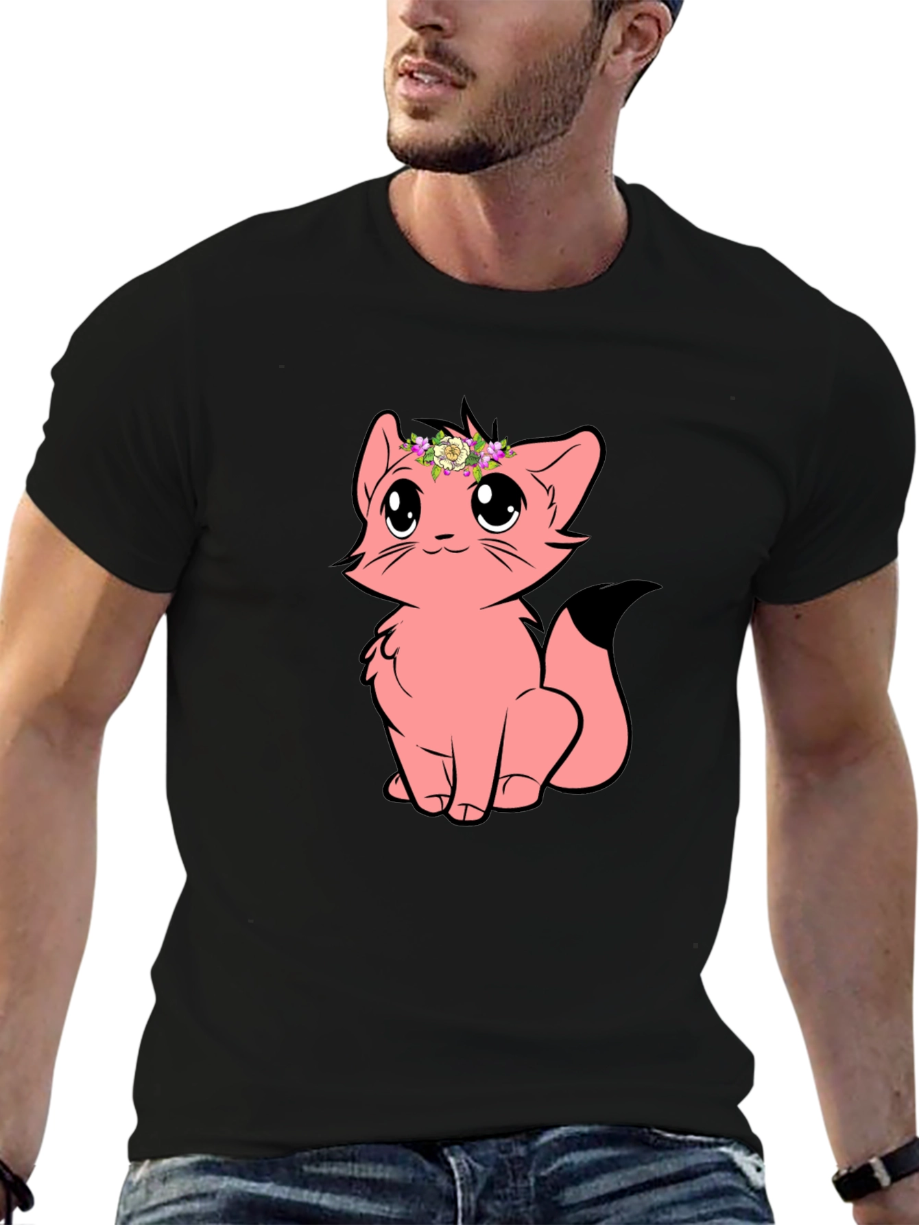 Cute Cartoon Cat Graphic Tee - Black Unisex T-Shirt