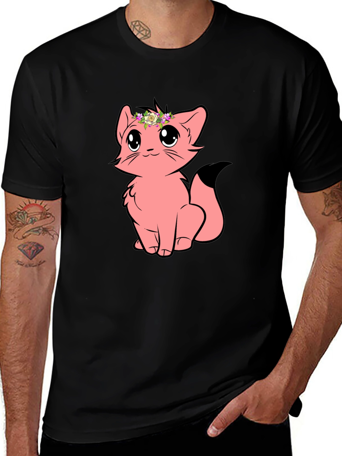 Cute Cartoon Cat Graphic Tee - Black Unisex T-Shirt