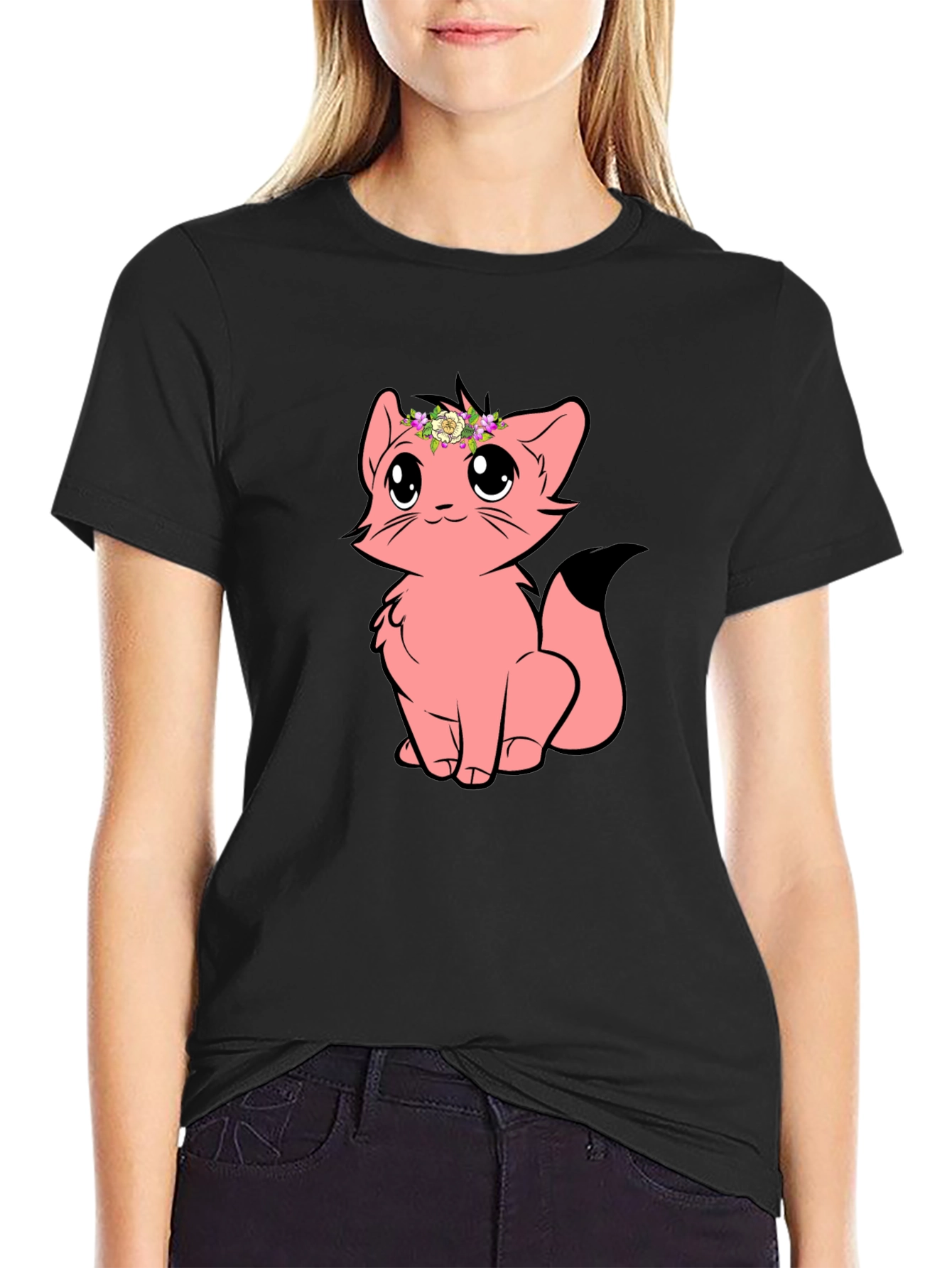 Cute Cartoon Cat Graphic Tee - Black Unisex T-Shirt
