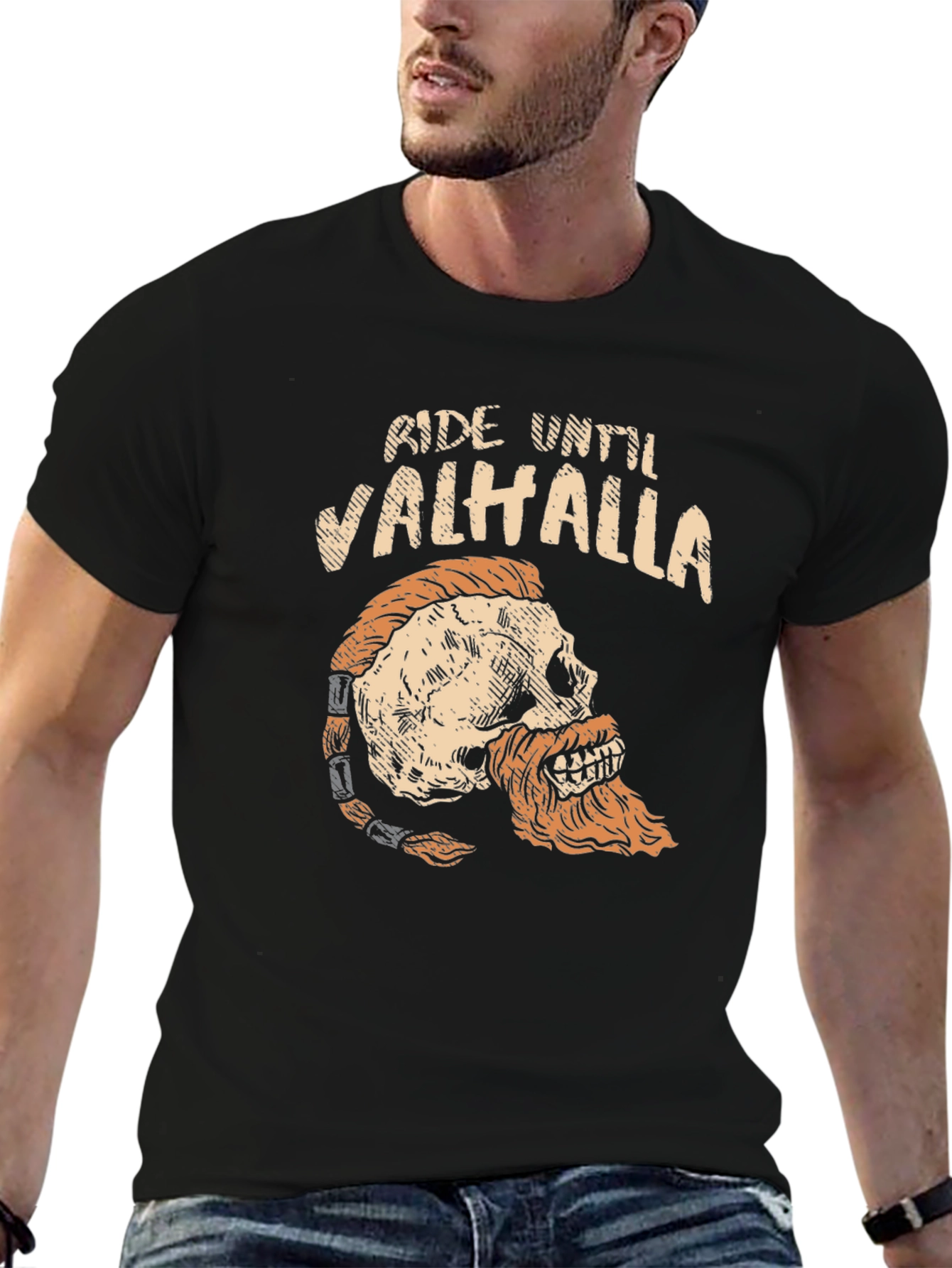 Ride Until Valhalla Skull Viking Graphic T-Shirt