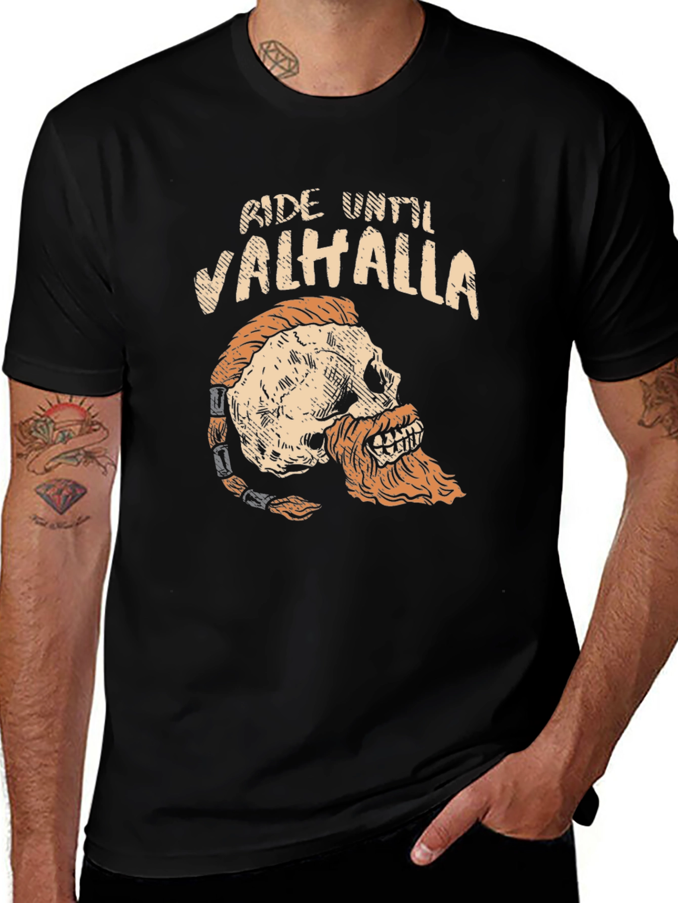 Ride Until Valhalla Skull Viking Graphic T-Shirt