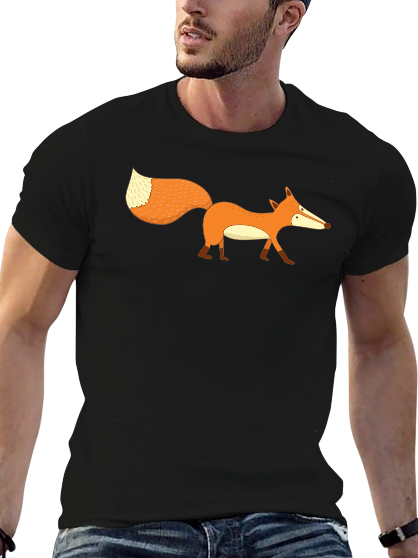 Cartoon Fox Graphic Print Mens Black T-Shirt