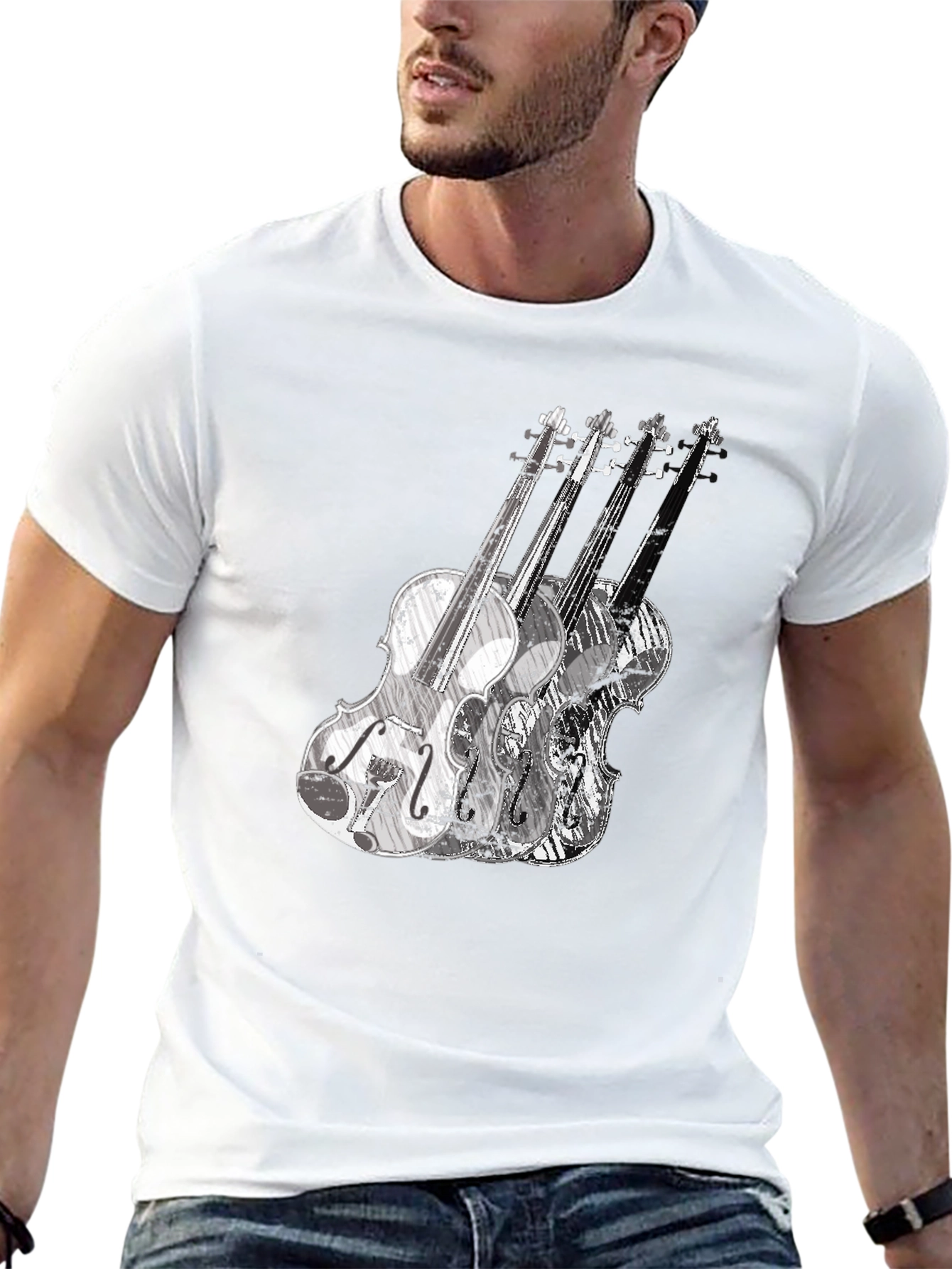 Musical Violin Graphic Tee - Black Crew Neck T-Shirt