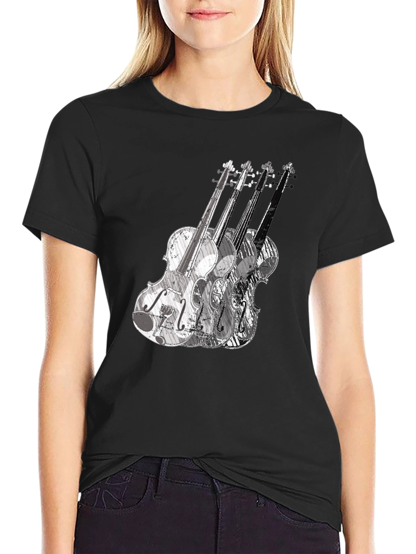 Musical Violin Graphic Tee - Black Crew Neck T-Shirt