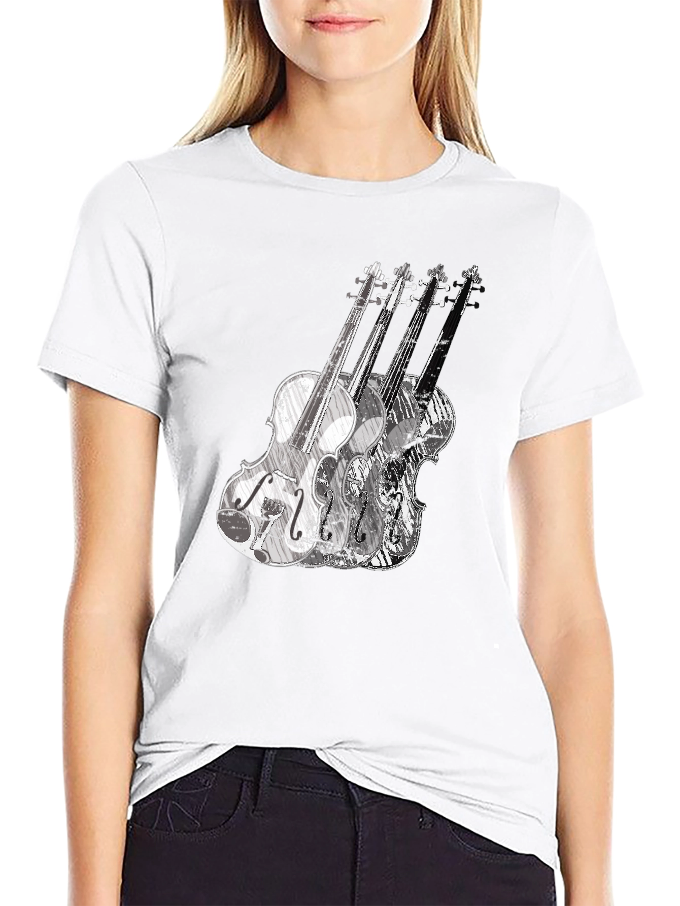 Musical Violin Graphic Tee - Black Crew Neck T-Shirt