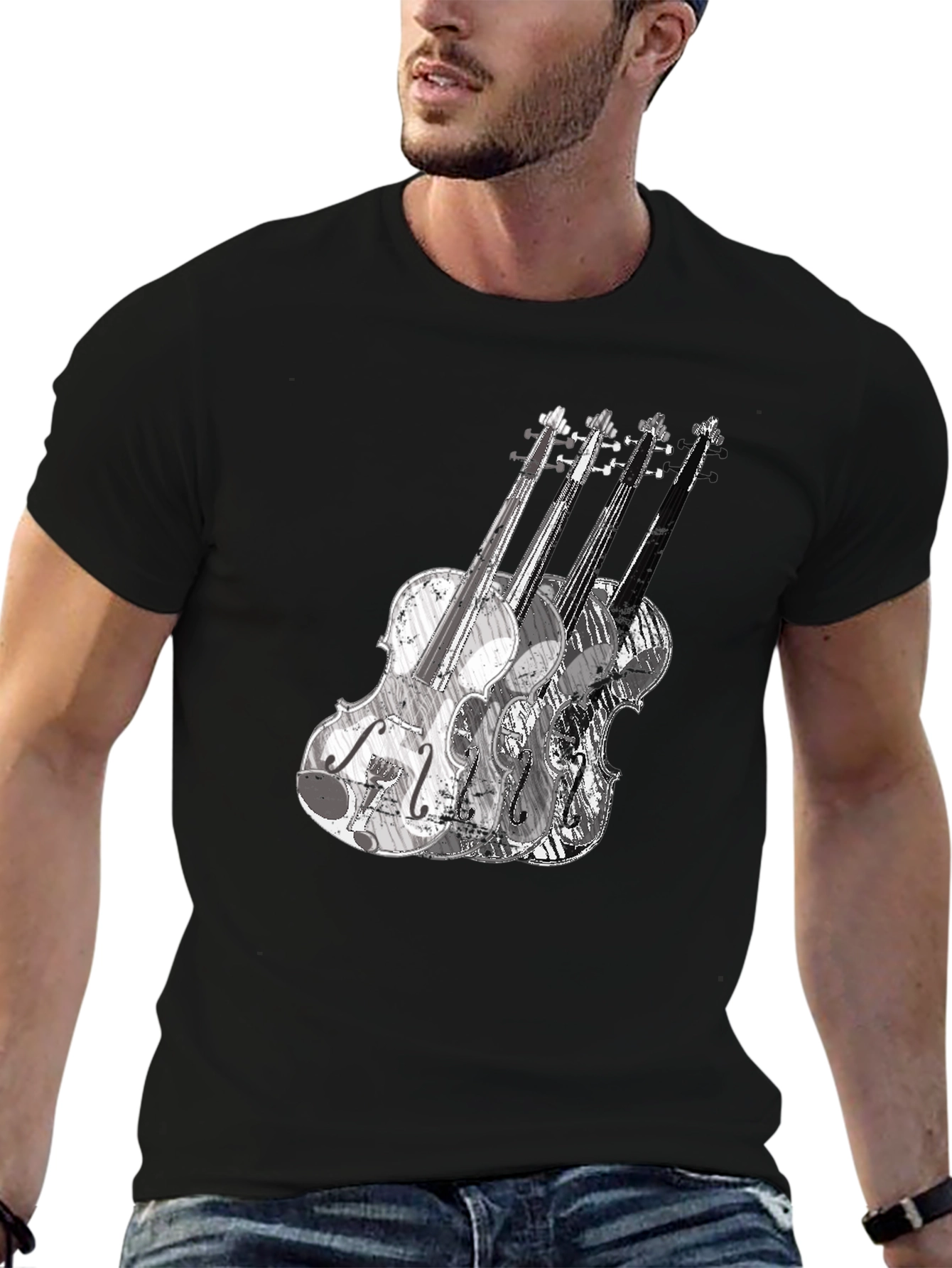 Musical Violin Graphic Tee - Black Crew Neck T-Shirt