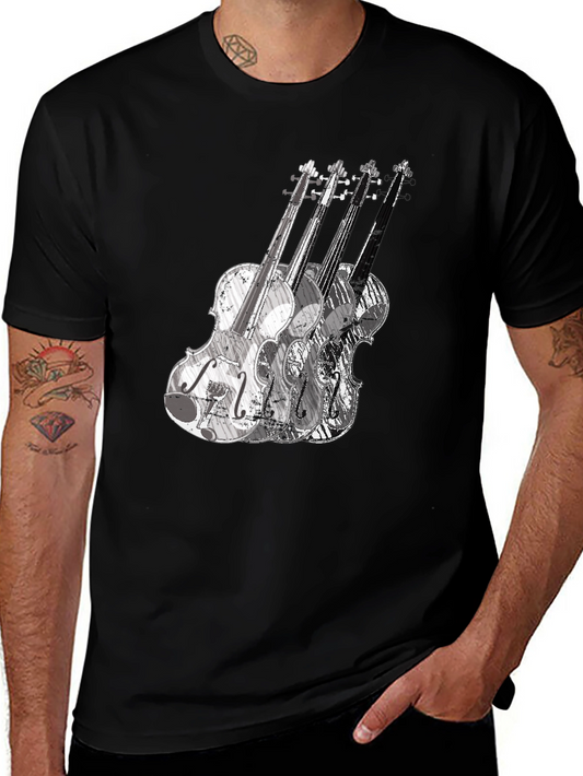 Musical Violin Graphic Tee - Black Crew Neck T-Shirt