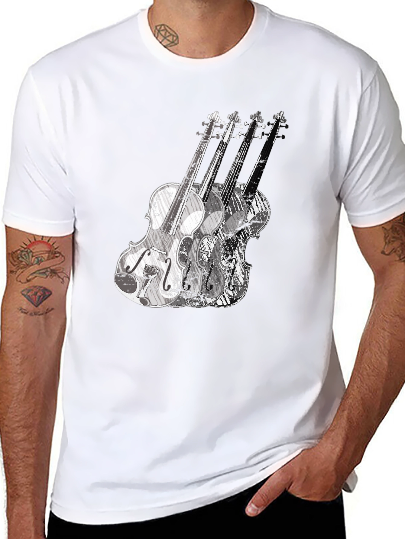 Musical Violin Graphic Tee - Black Crew Neck T-Shirt