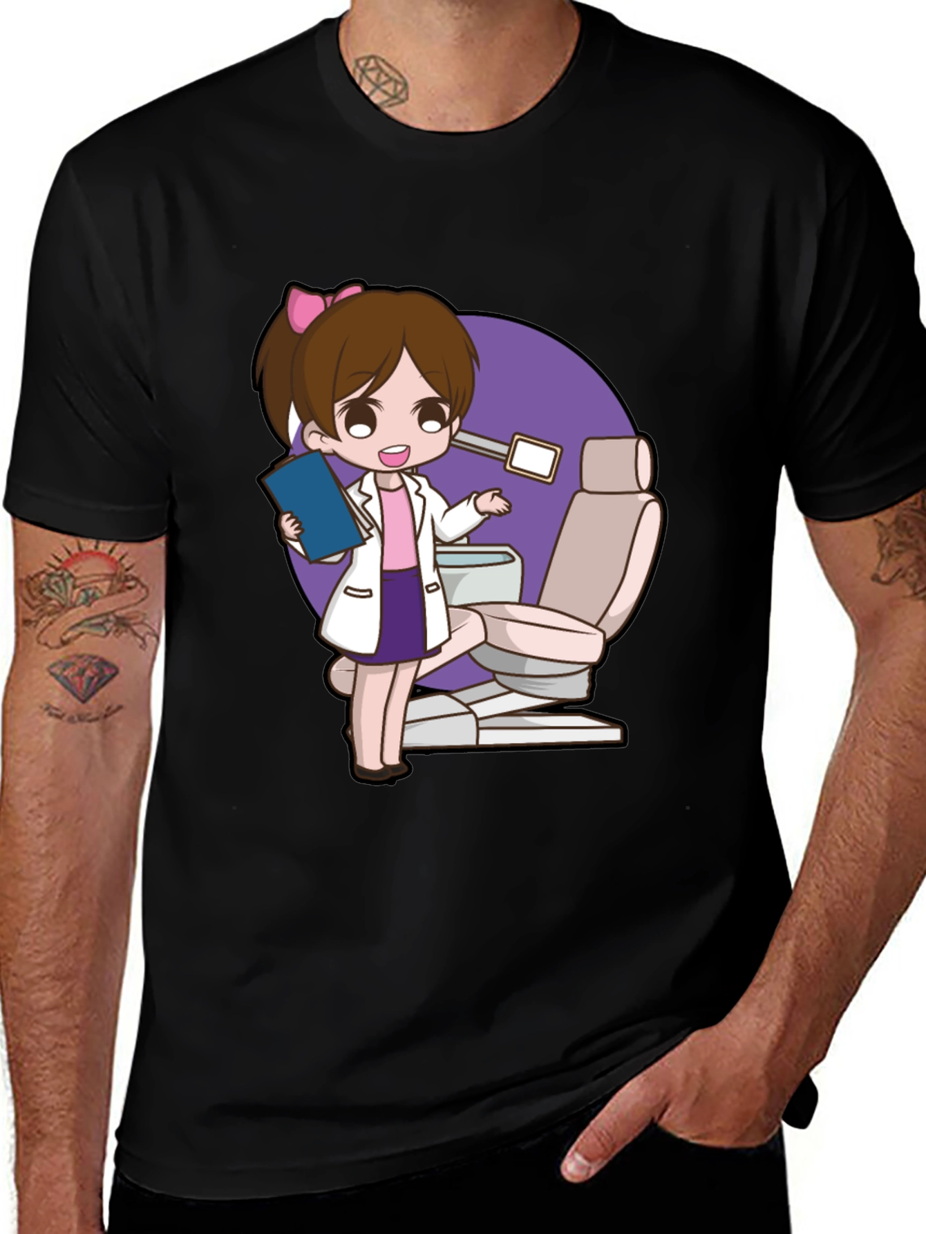 Cute Dentist Cartoon Graphic Tee - Black T-Shirt
