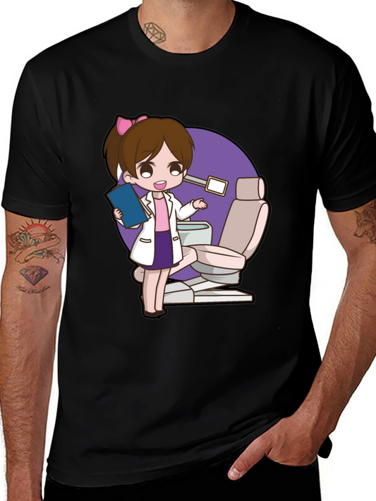 Cute Dentist Cartoon Graphic Tee - Black T-Shirt
