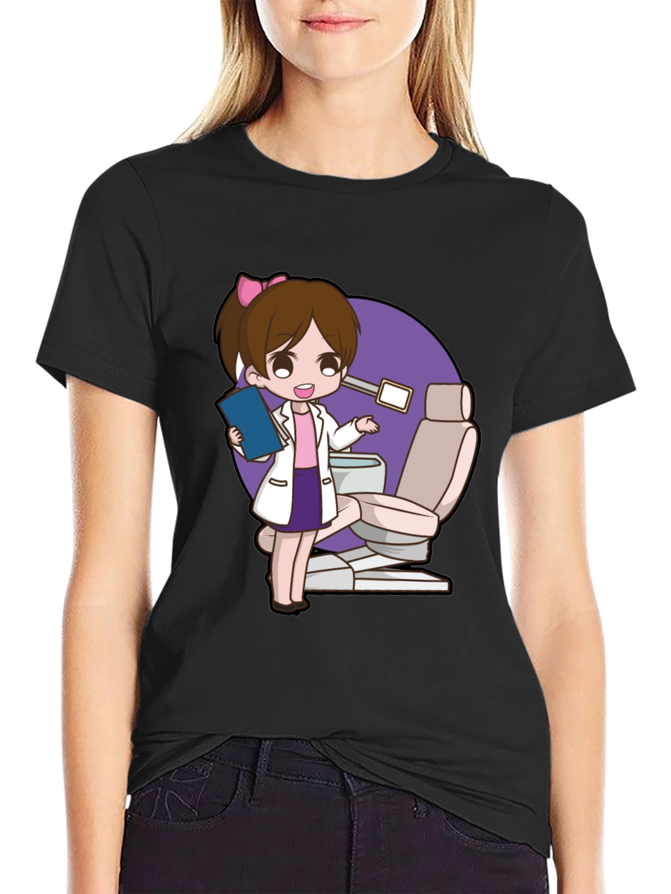 Cute Dentist Cartoon Graphic Tee - Black T-Shirt