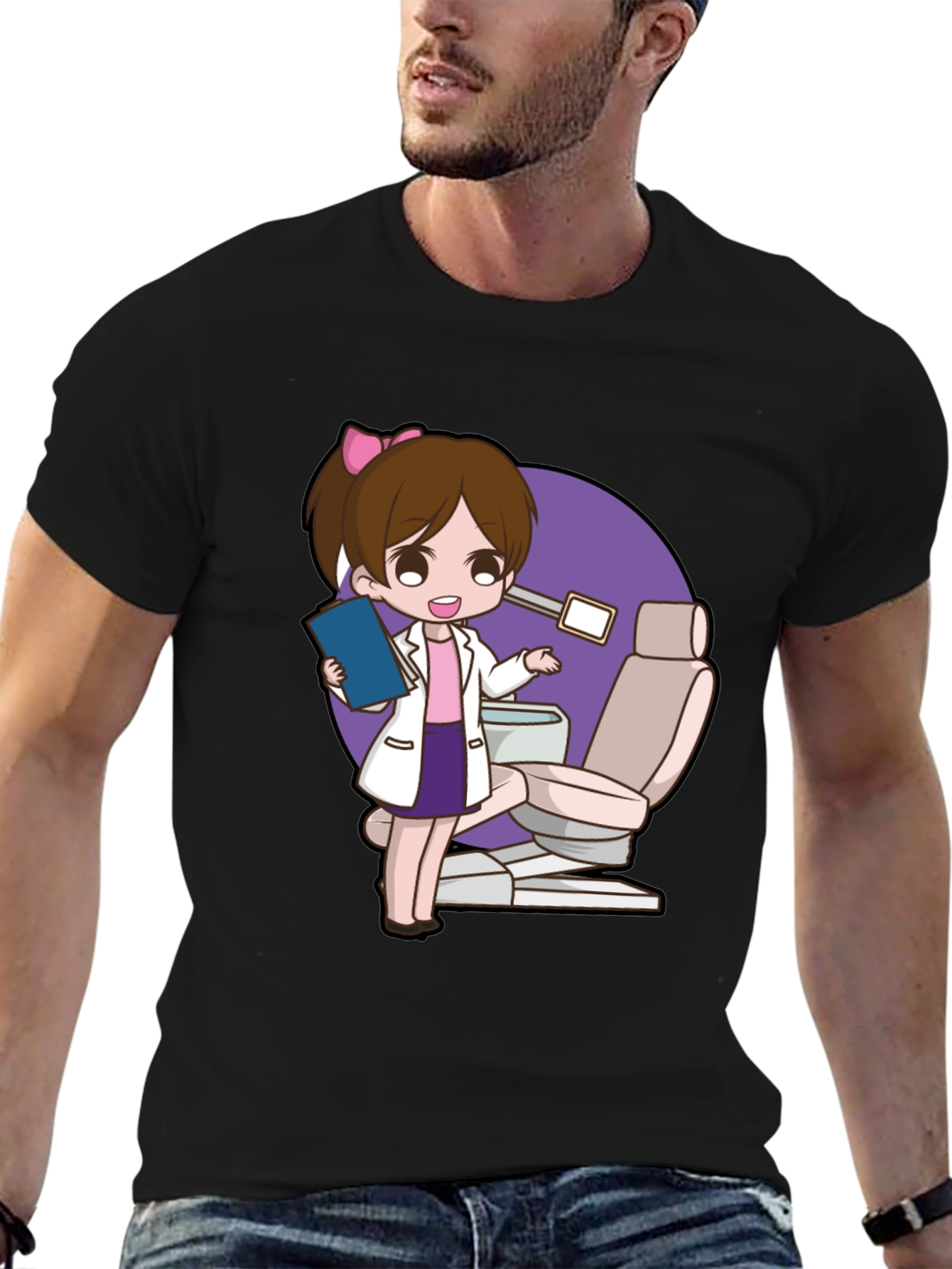 Cute Dentist Cartoon Graphic Tee - Black T-Shirt