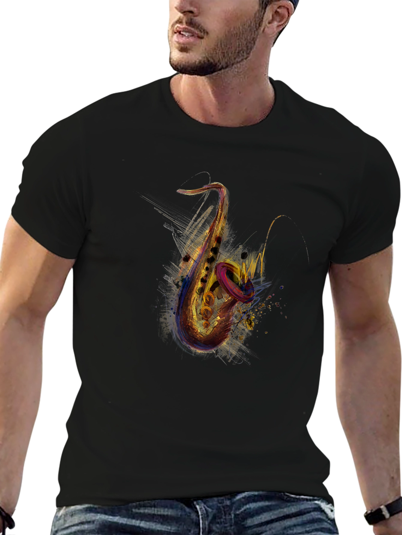 Saxophone Graphic Print Black T-Shirt