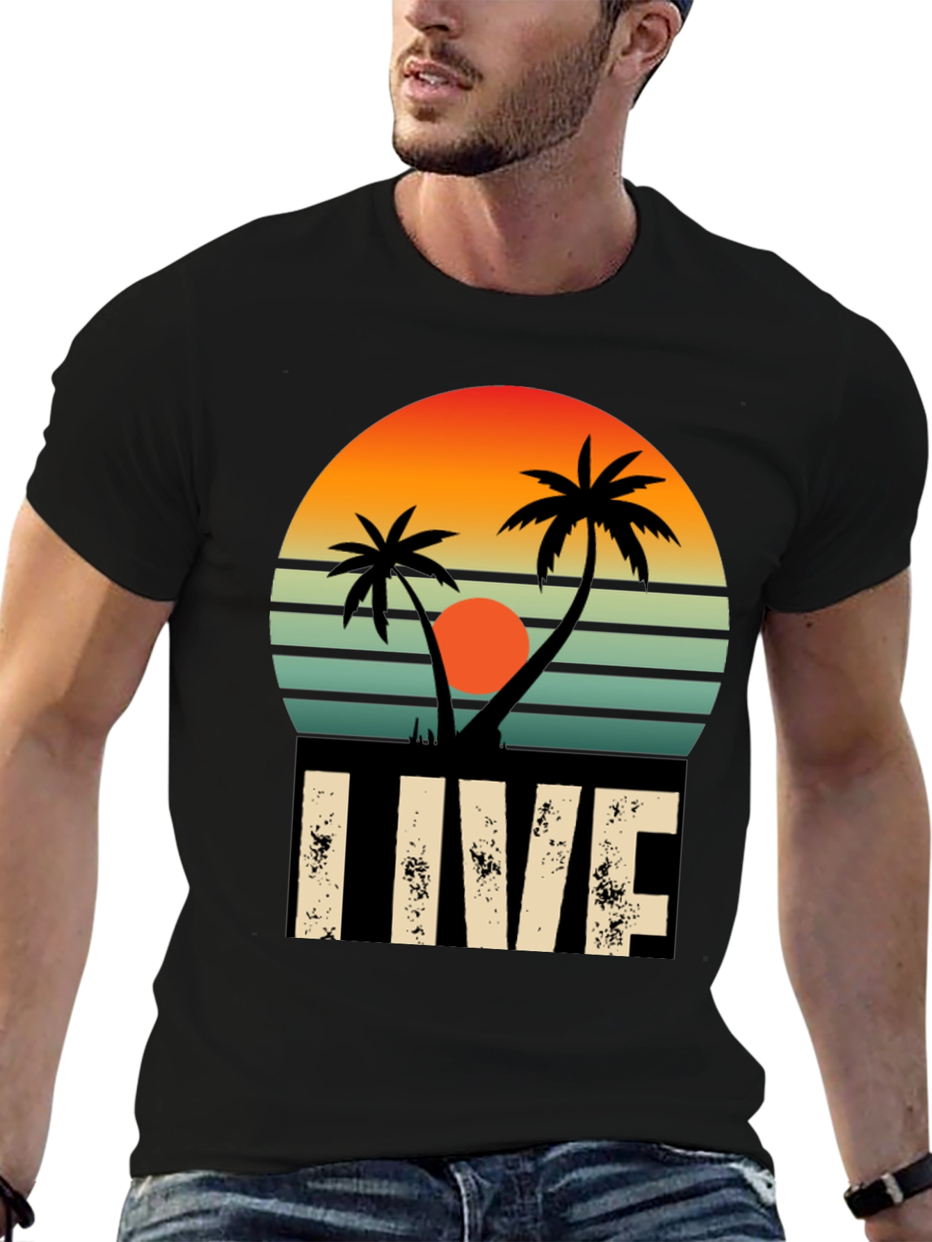 Retro Palm Tree Sunset Graphic Tee - LIVE