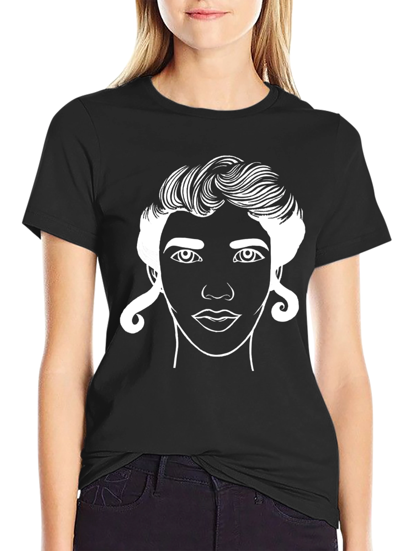 Line Art Face Black T-Shirt