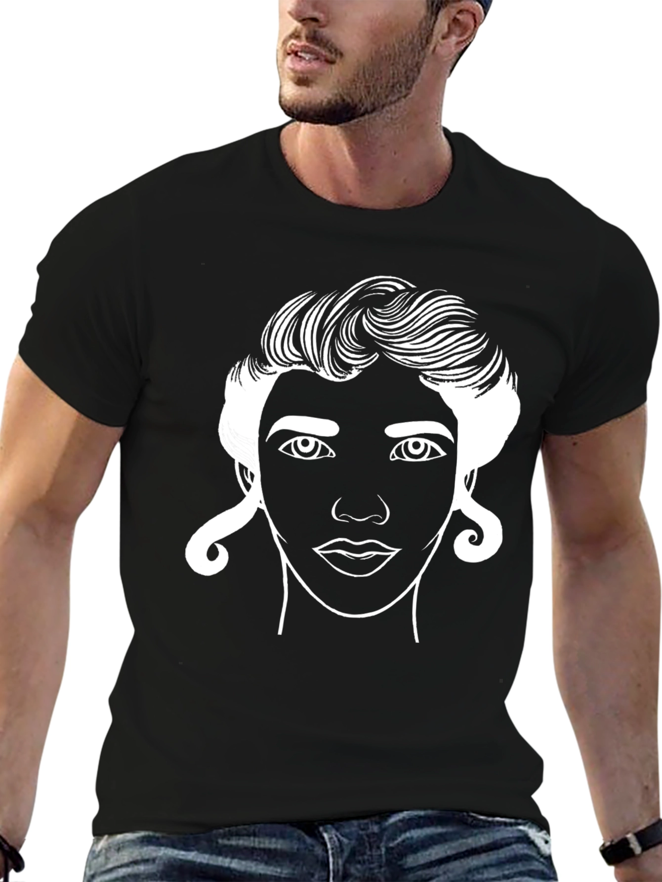Line Art Face Black T-Shirt