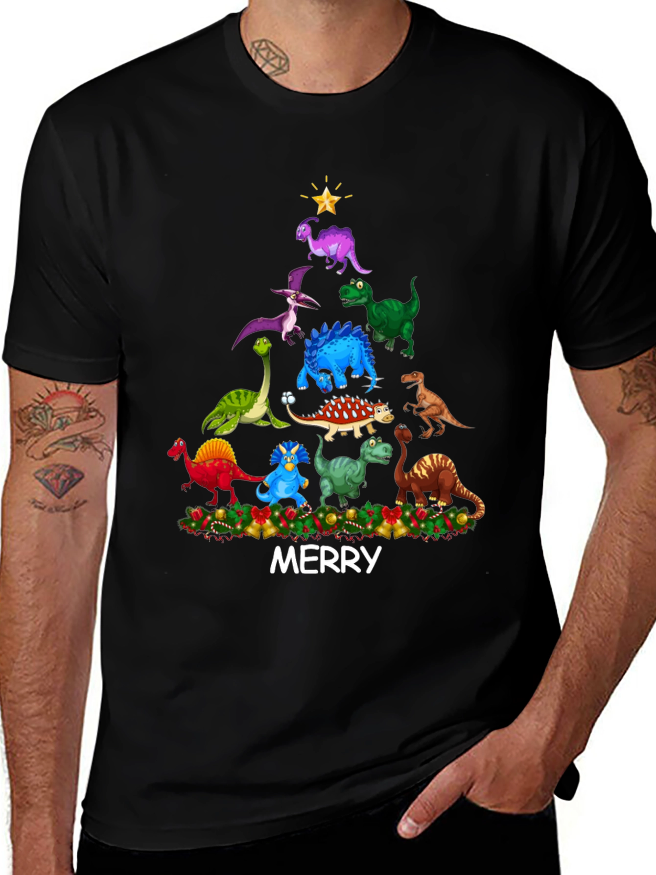 Dinosaur Christmas Tree Mens T-Shirt