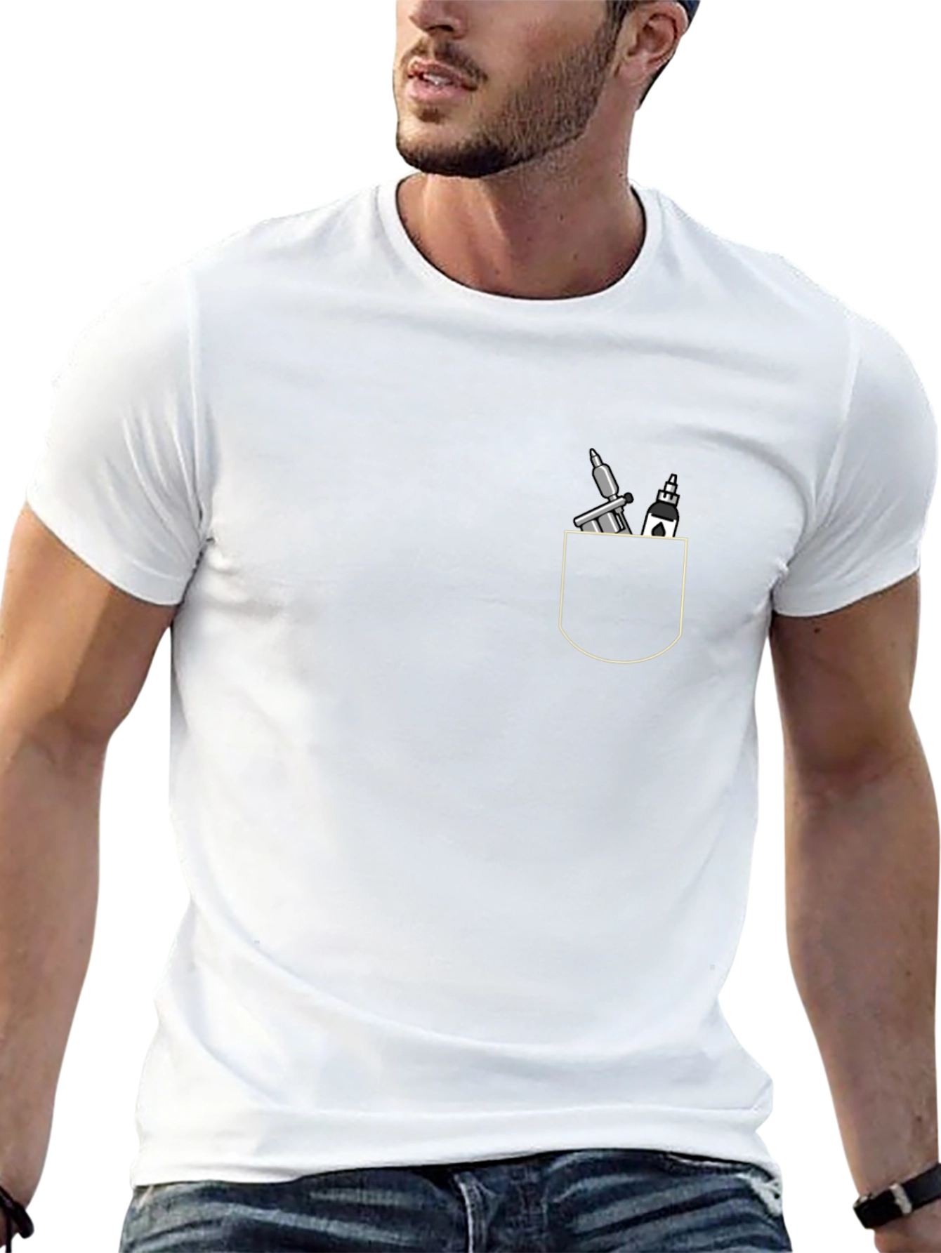 Black T-Shirt with Tattoo and Church Pocket Design
