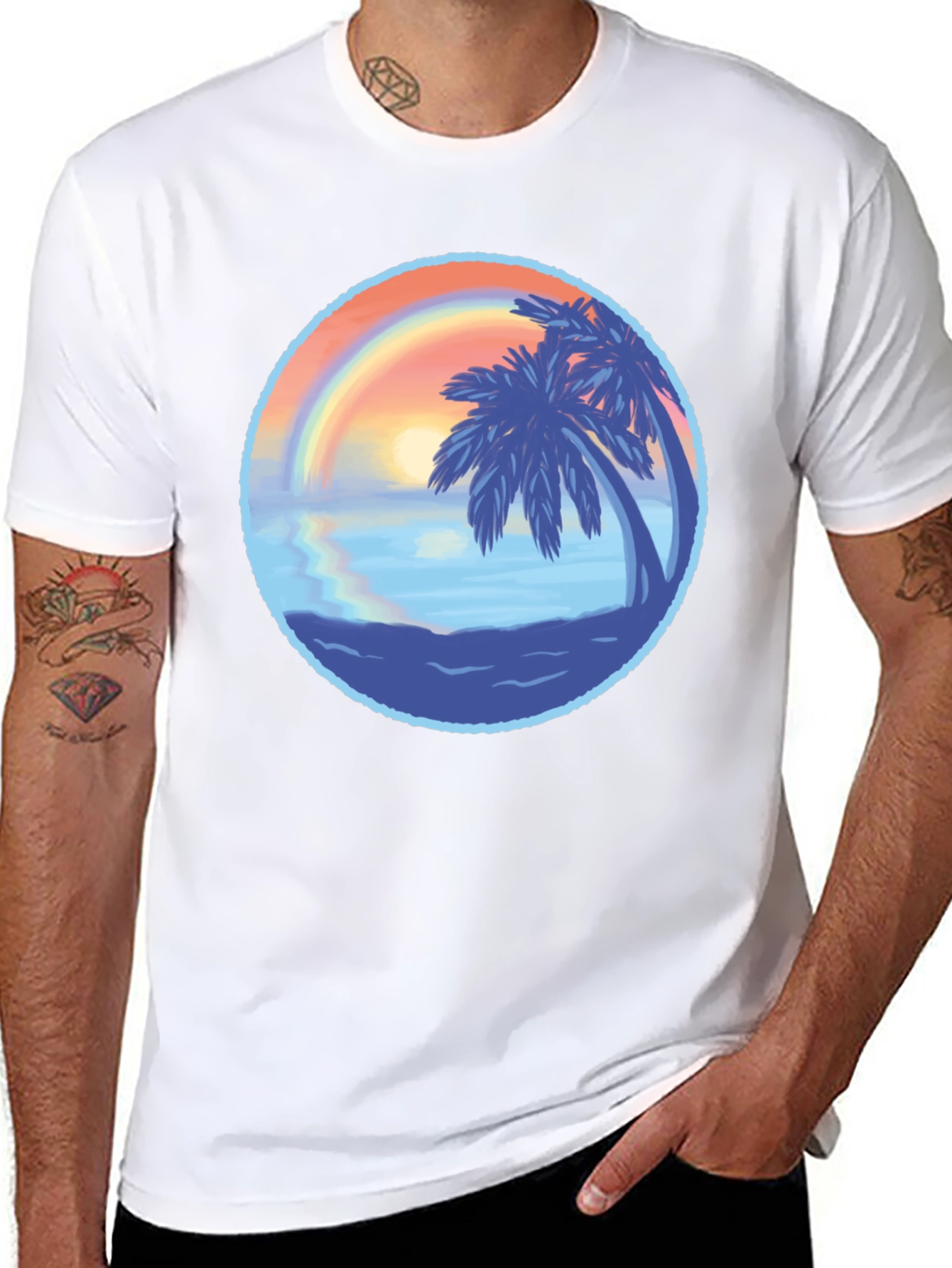 Tropical Sunset Graphic Tee - Black Cotton T-Shirt