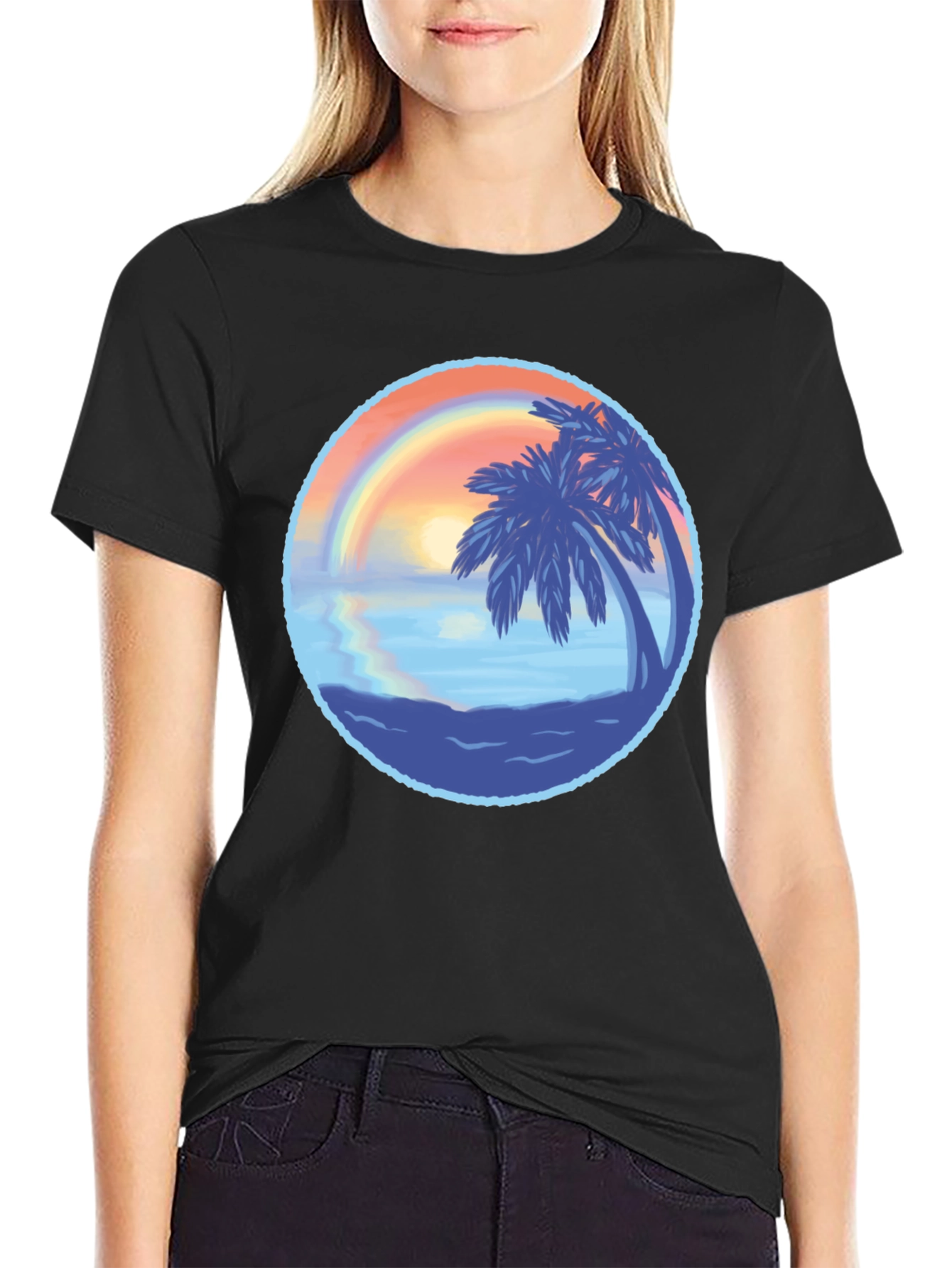 Tropical Sunset Graphic Tee - Black Cotton T-Shirt