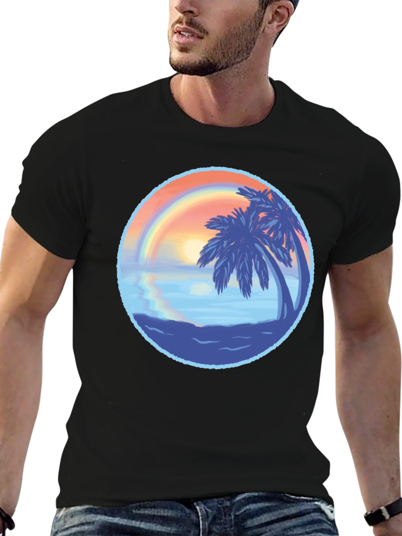 Tropical Sunset Graphic Tee - Black Cotton T-Shirt