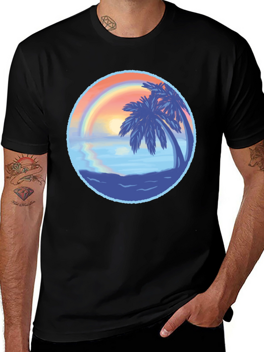 Tropical Sunset Graphic Tee - Black Cotton T-Shirt