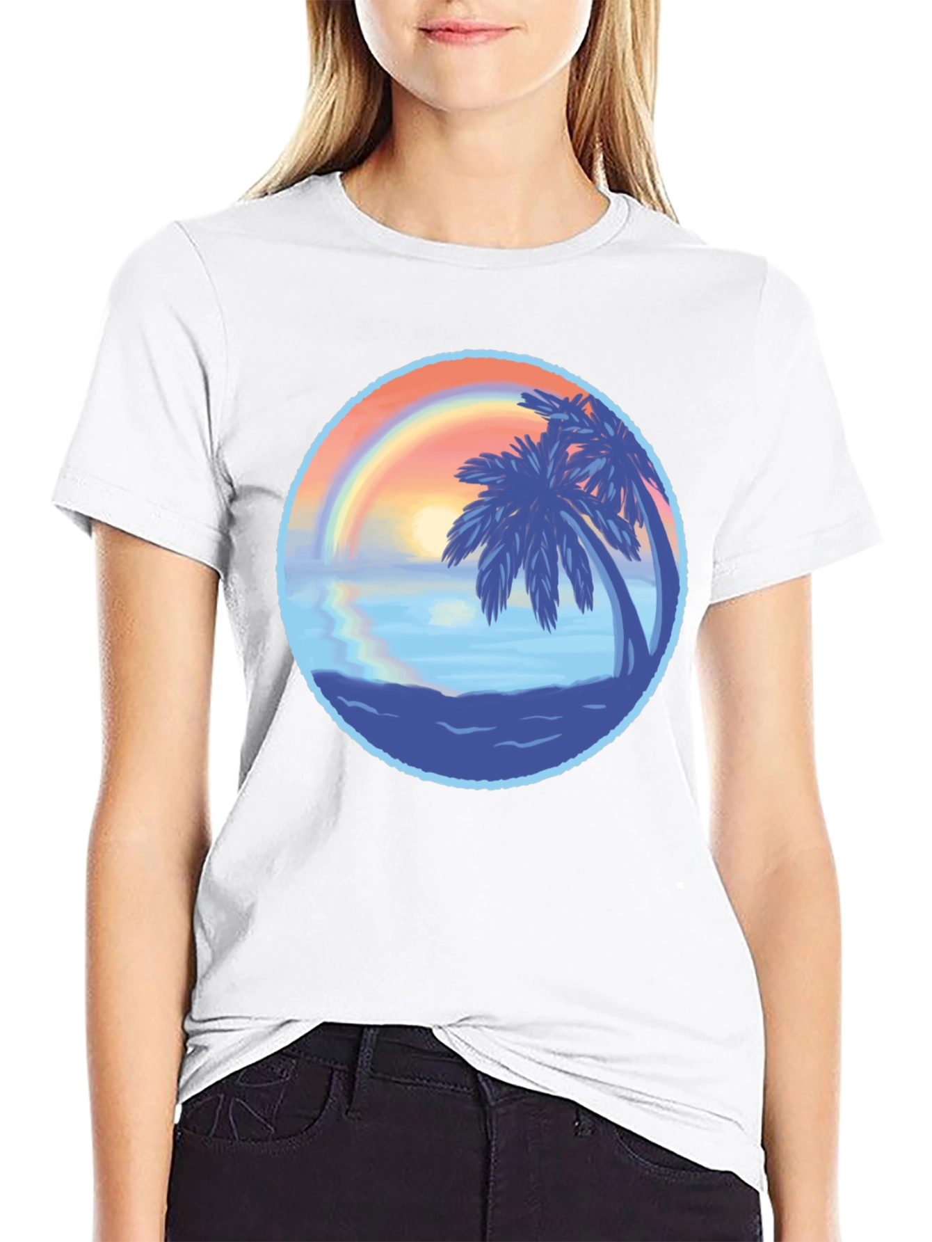 Tropical Sunset Graphic Tee - Black Cotton T-Shirt