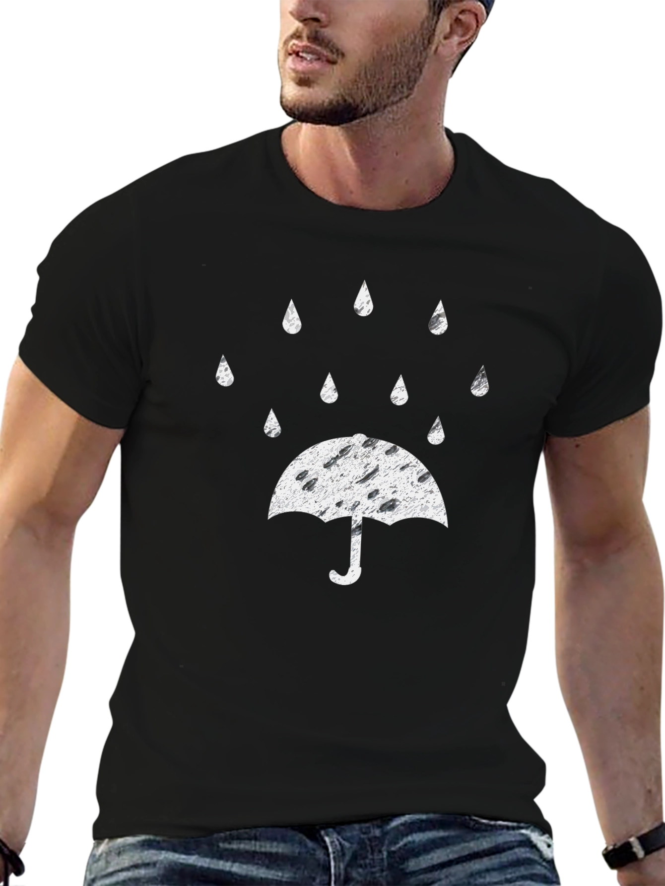 Rainy Day Umbrella Graphic Tee - Black Cotton T-Shirt