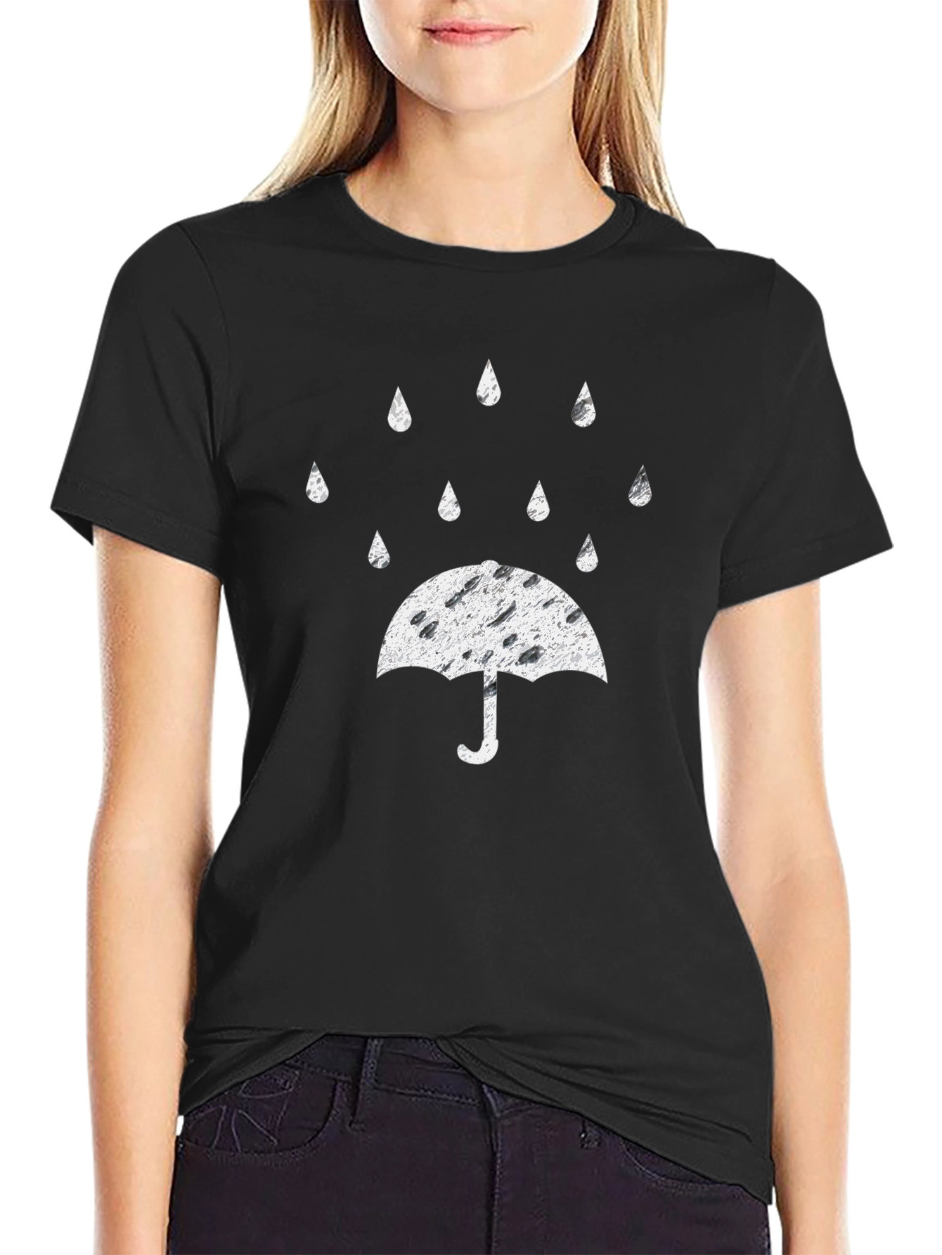 Rainy Day Umbrella Graphic Tee - Black Cotton T-Shirt