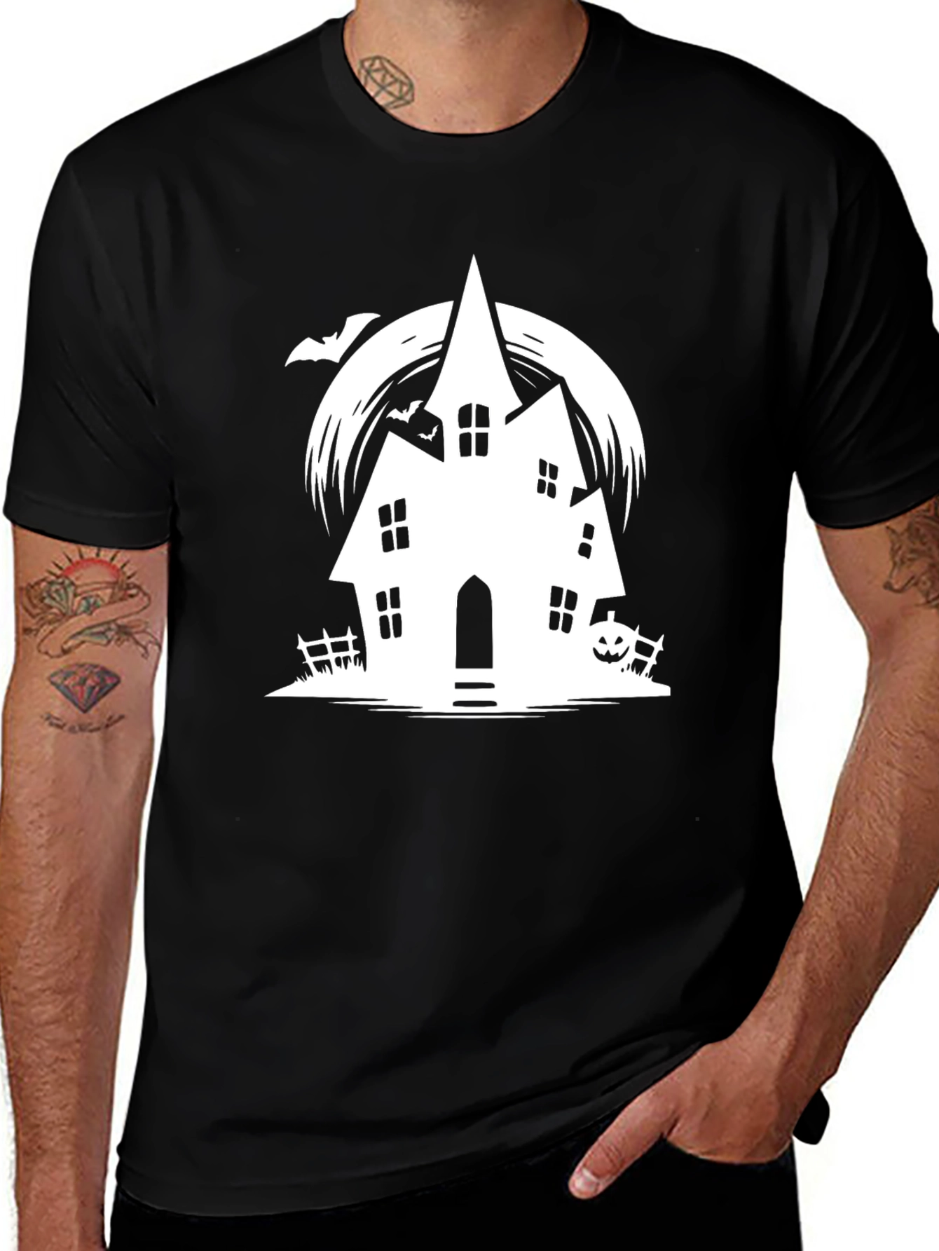 Spooky Halloween Haunted House Graphic Tee - Black