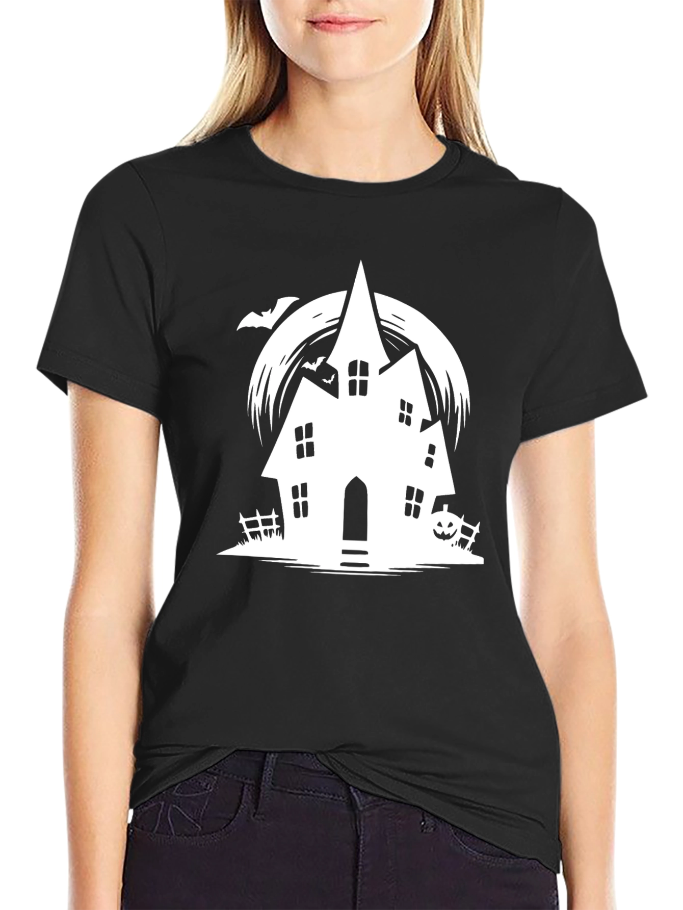 Spooky Halloween Haunted House Graphic Tee - Black