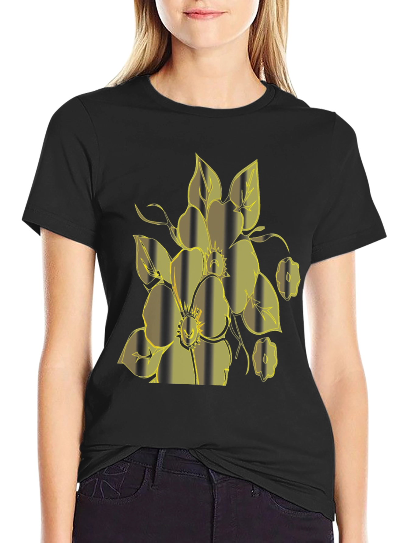 Floral Striped Graphic Black T-Shirt