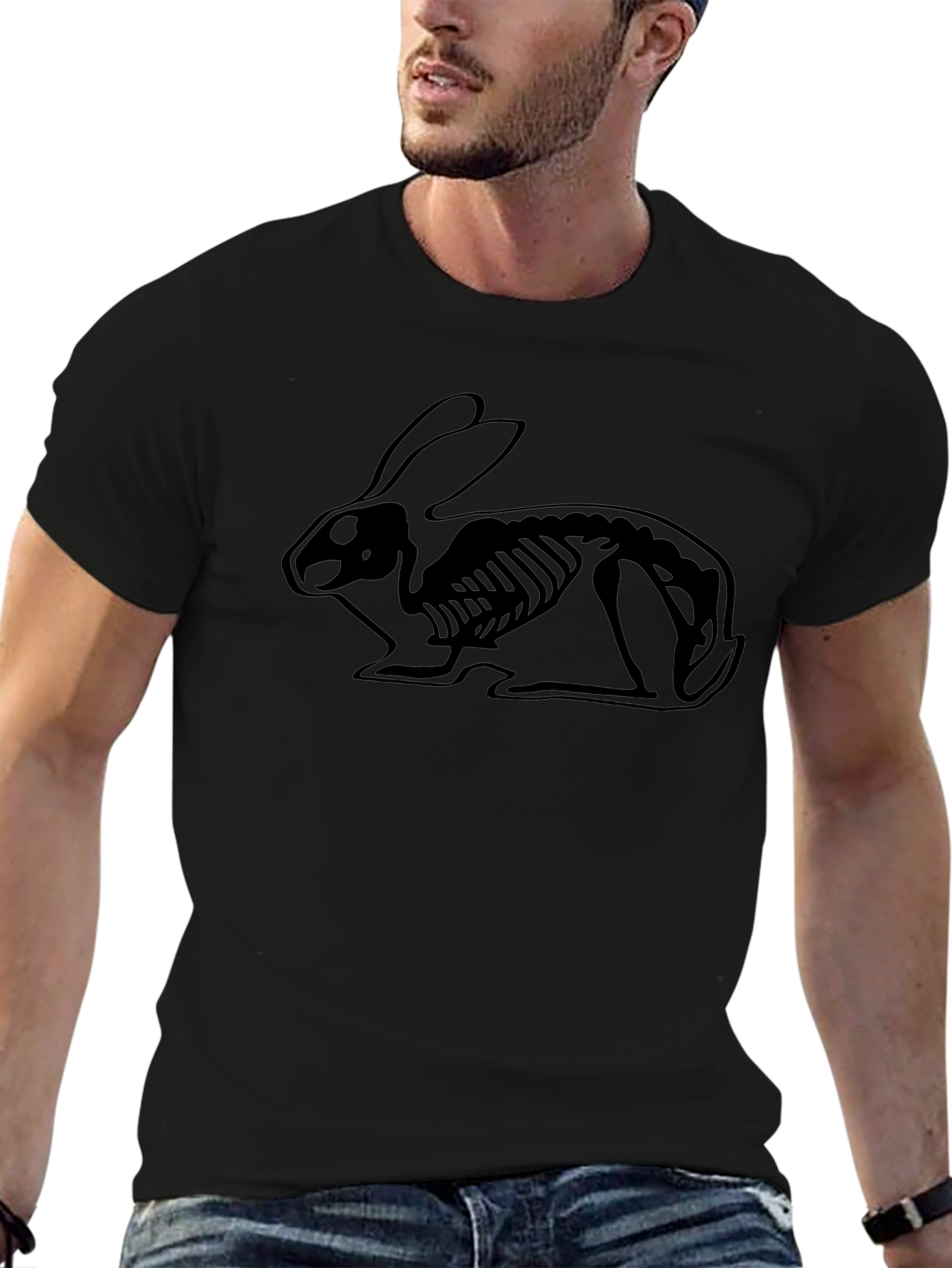Rabbit Skeleton Graphic Black Tee - Unique Design